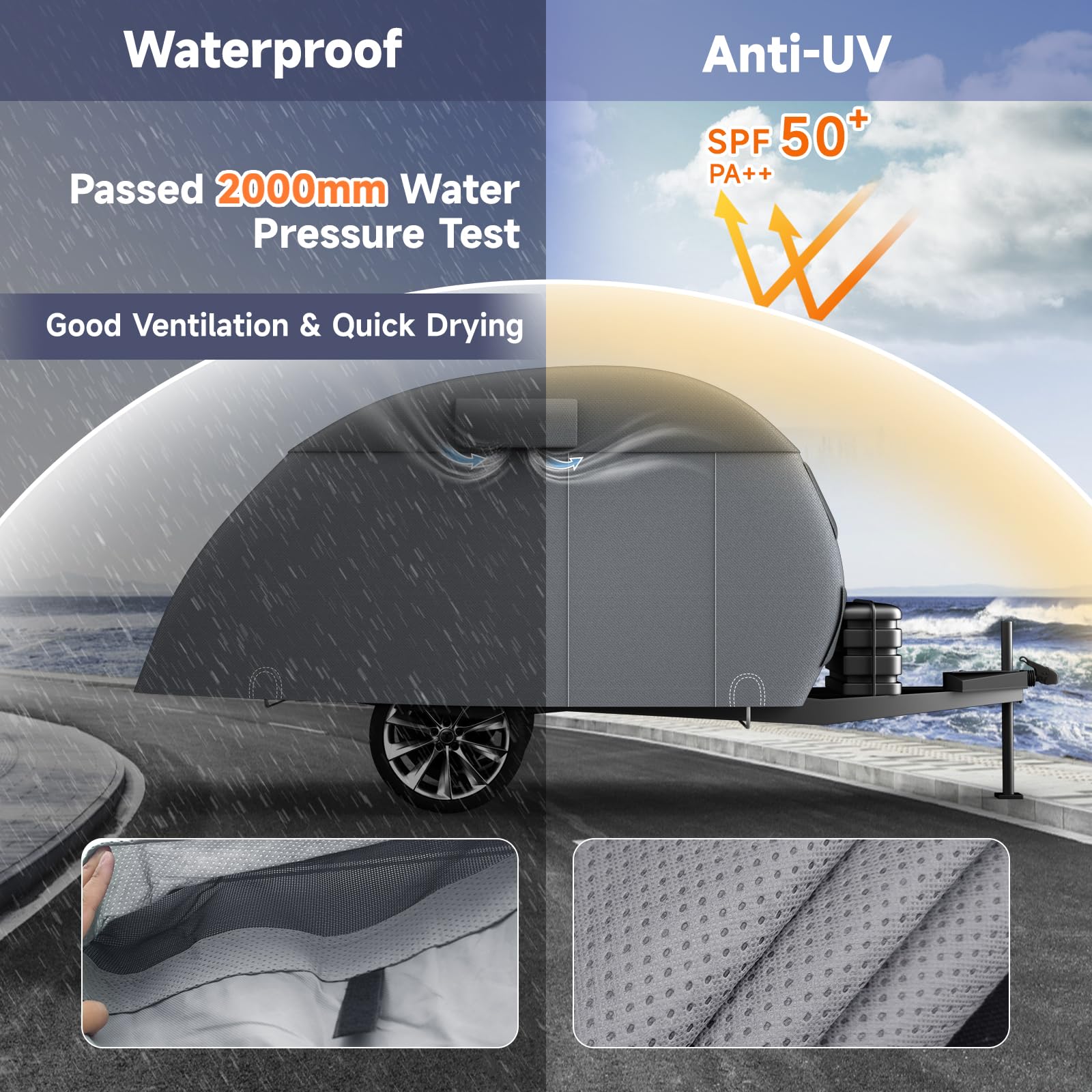 VINPATIO Teardrop Camper Cover, 7-Layer Heavy Duty, Fits 8-10FT Trailers, Grey, Model VT2007-0810, Windproof Strap