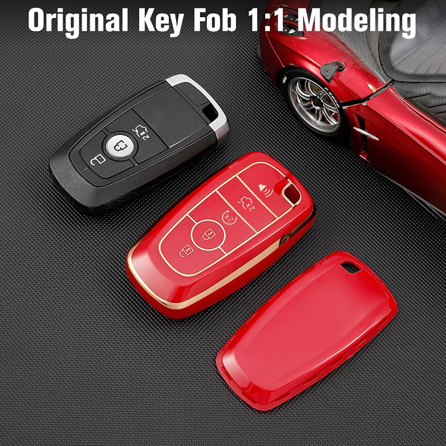 OLLEN Key Fob Cover with Leather Keychain, Fit for Ford Fusion Escape Expedition Explorer Edge Maverick Mustang Ranger F150 F250