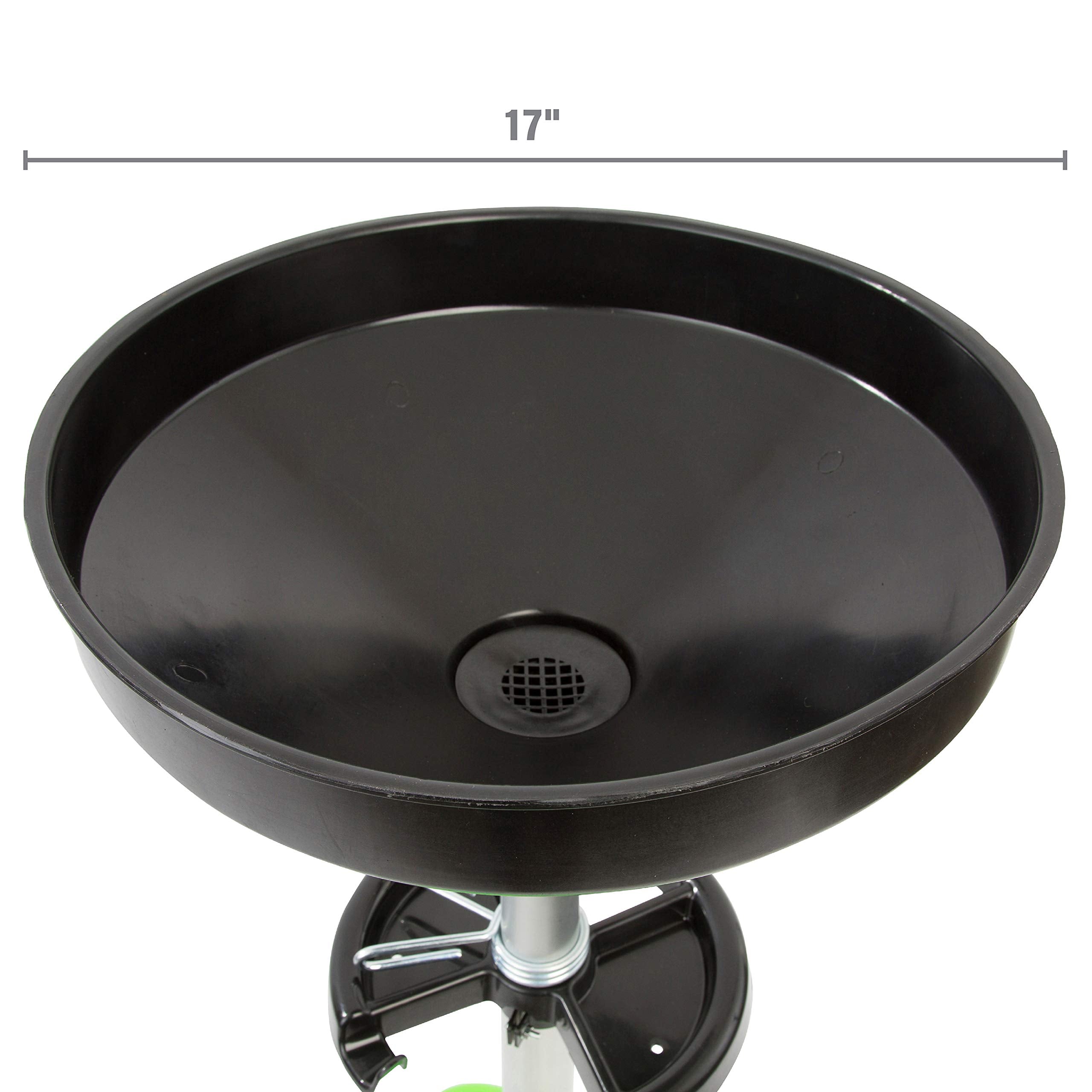 OEMTOOLS 87032 Oil Drain Pan, 9 Gallon Capacity, Adjustable Height, Portable with 17" Funnel, Green, One Size