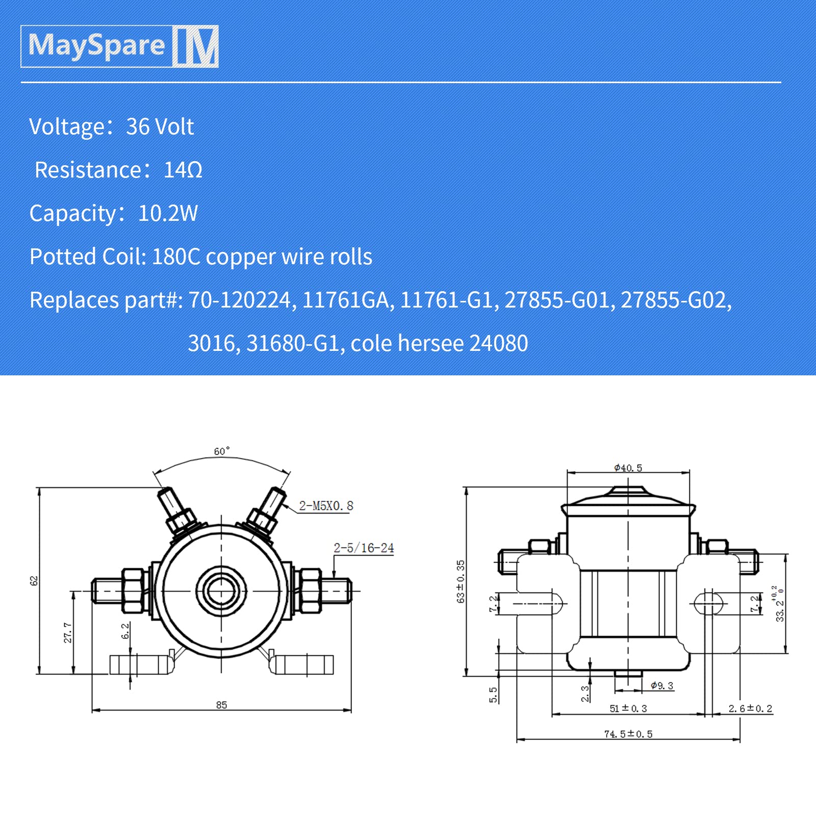 MaySpare 36V Solenoid Relay #70 Series for EZGO Golf Cart with Mount Bracket, OEM #27855G01, Continuous Duty