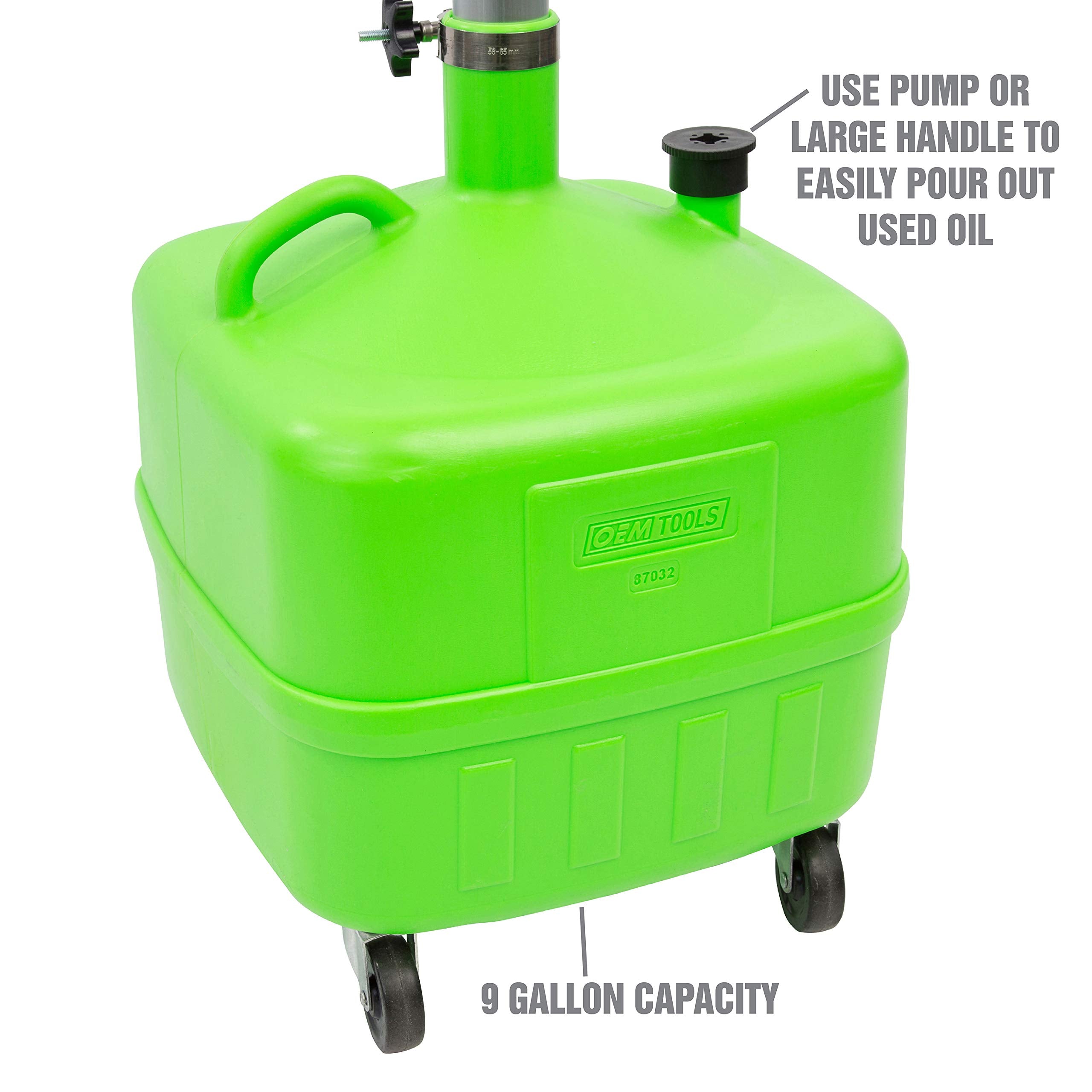 OEMTOOLS 87032 Oil Drain Pan, 9 Gallon Capacity, Adjustable Height, Portable with 17" Funnel, Green, One Size