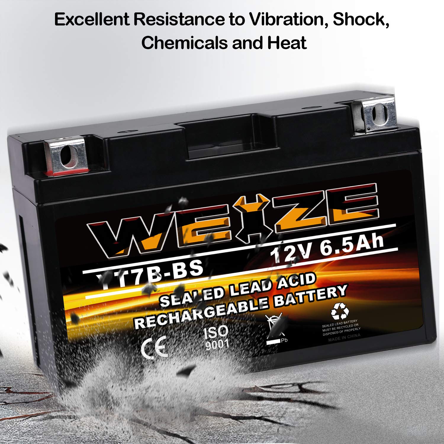 WEIZE YT7B-BS Maintenance Free Sealed AGM Motorcycle Battery for Yamaha ATV - Black