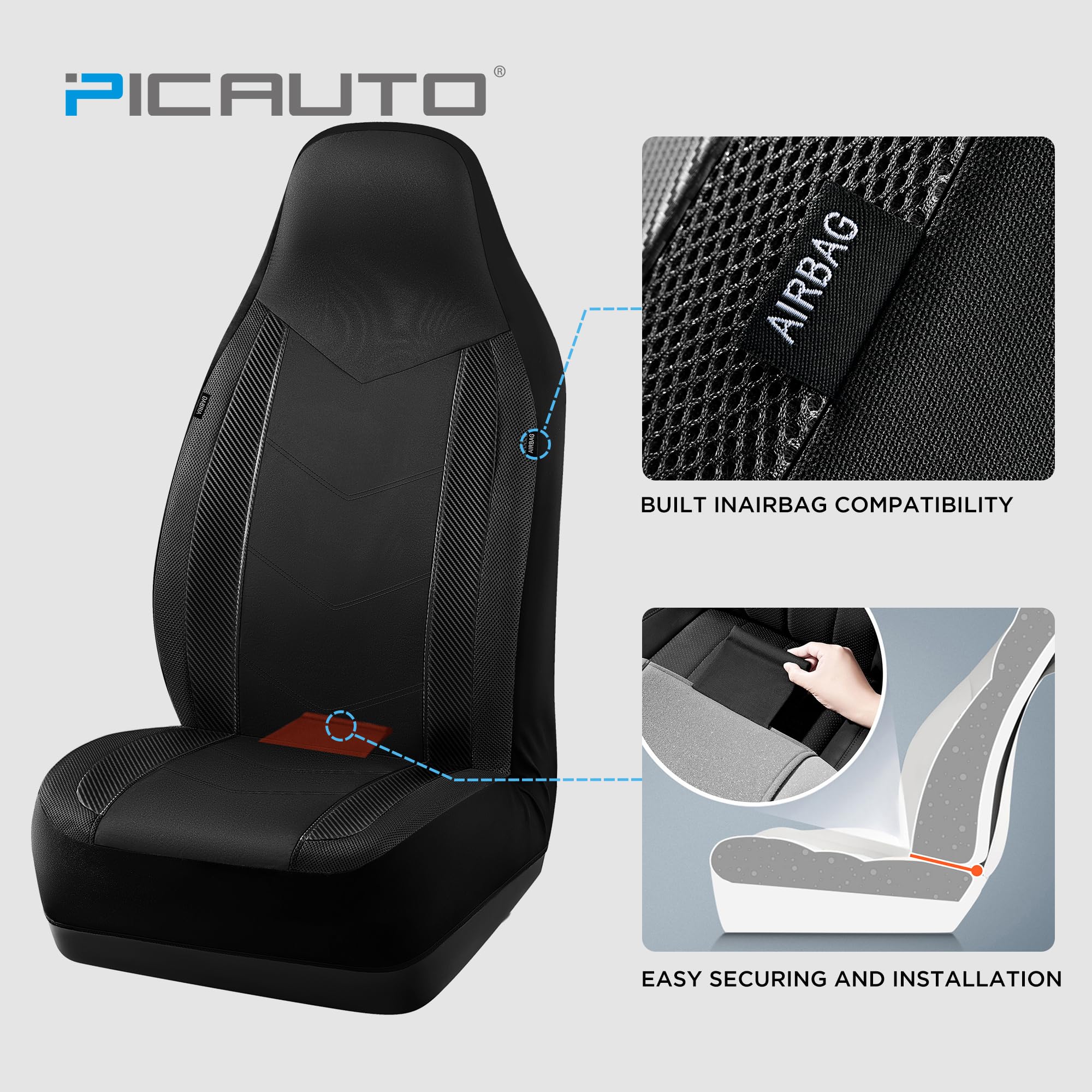 Pic Auto Car Seat Covers, High Back Full Set Automotive Seat Covers,Front And Rear Bench - Sports Carbon Fiber Mesh Design, Universal Fit Most Cars, Suvs, Trucks And Vans, Airbag Compatible (Black)