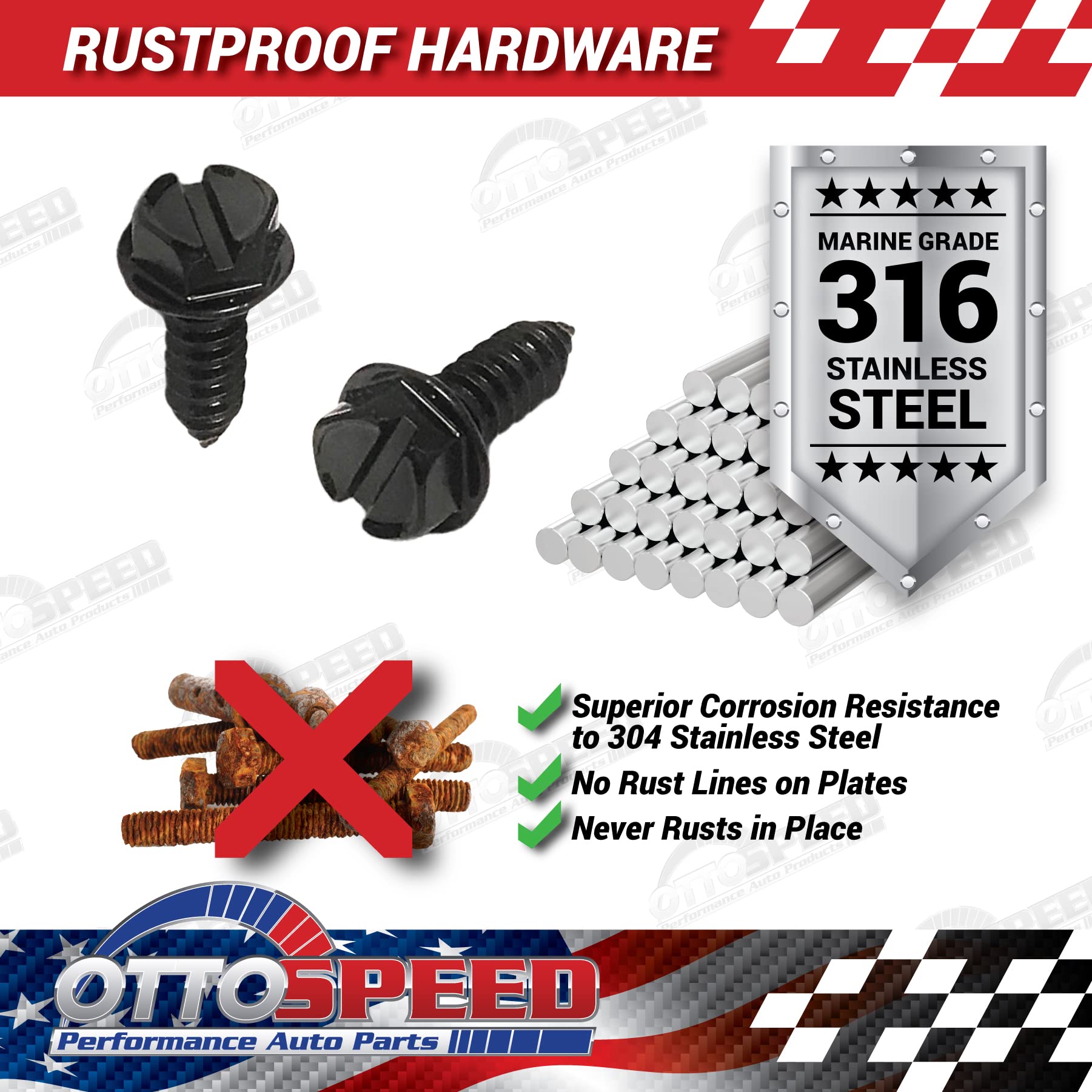 OttoSpeed License Plate Screw Kit - Black Stainless Steel, Rustproof Fasteners for Cars, SUVs, Trucks - OEM Style with Nylon Retainers
