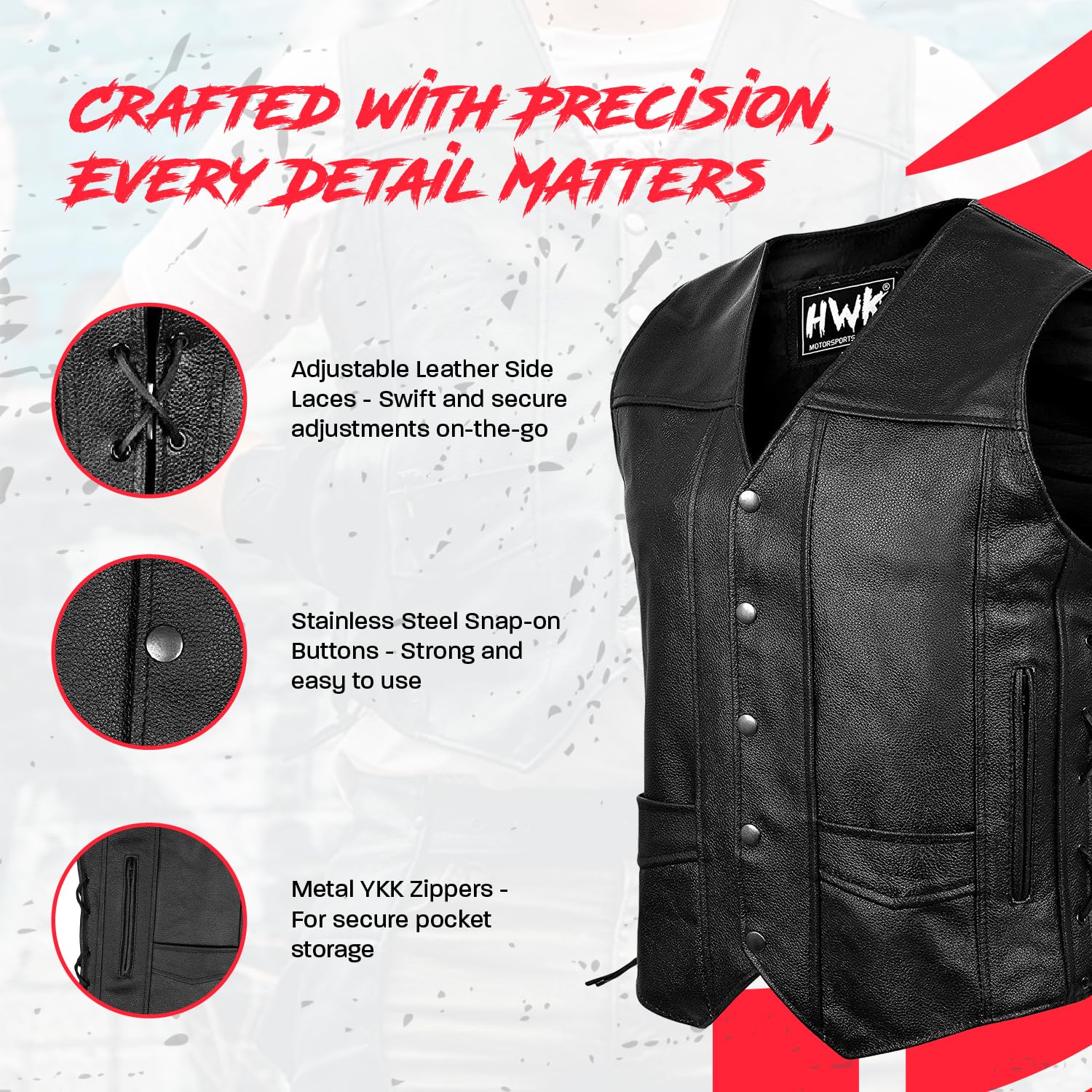 HWK Leather Motorcycle Vest for Men & Women, Black Genuine Leather, Medium, with Concealed Carry Gun Pocket, 100% Polyester Lining