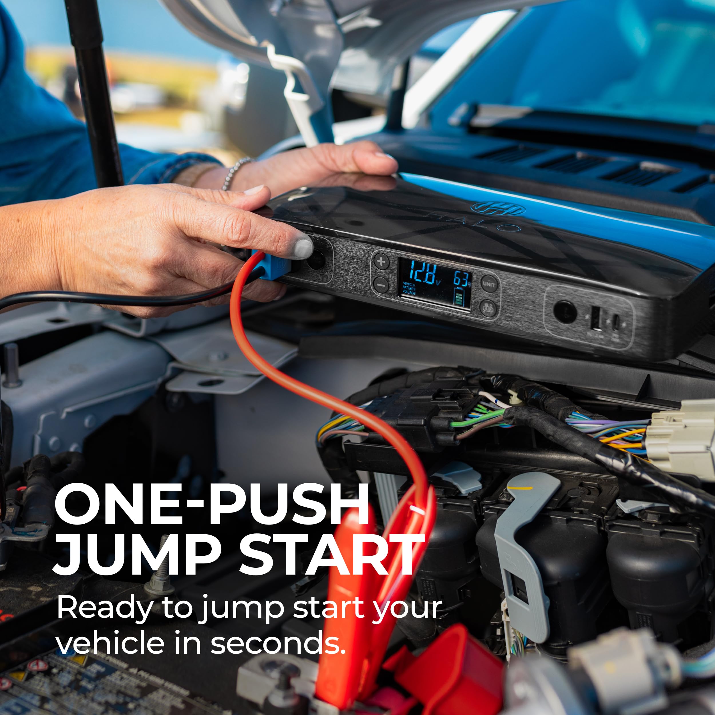 Halo Bolt Ultimate 2 Portable Car Battery Jump Starter with 130 PSI Air Compressor, 55.5Wh USB Power Bank, Blue Waves