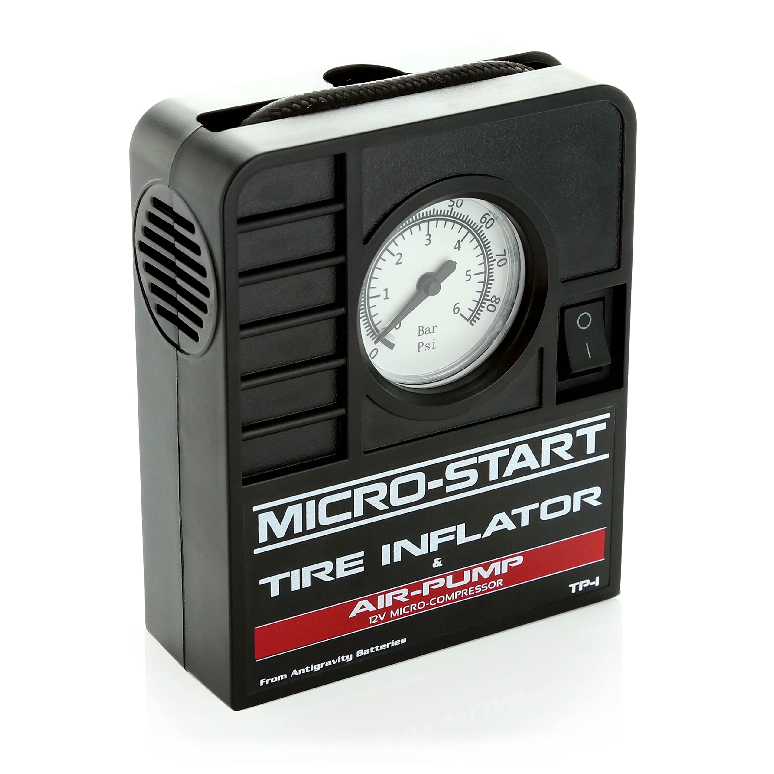 Antigravity Batteries Mini Tire Inflator for Motorcycles, ATV, UTV, Small Cars - 3.5x1.5x4.25 in, Black, Model AG-MSA-