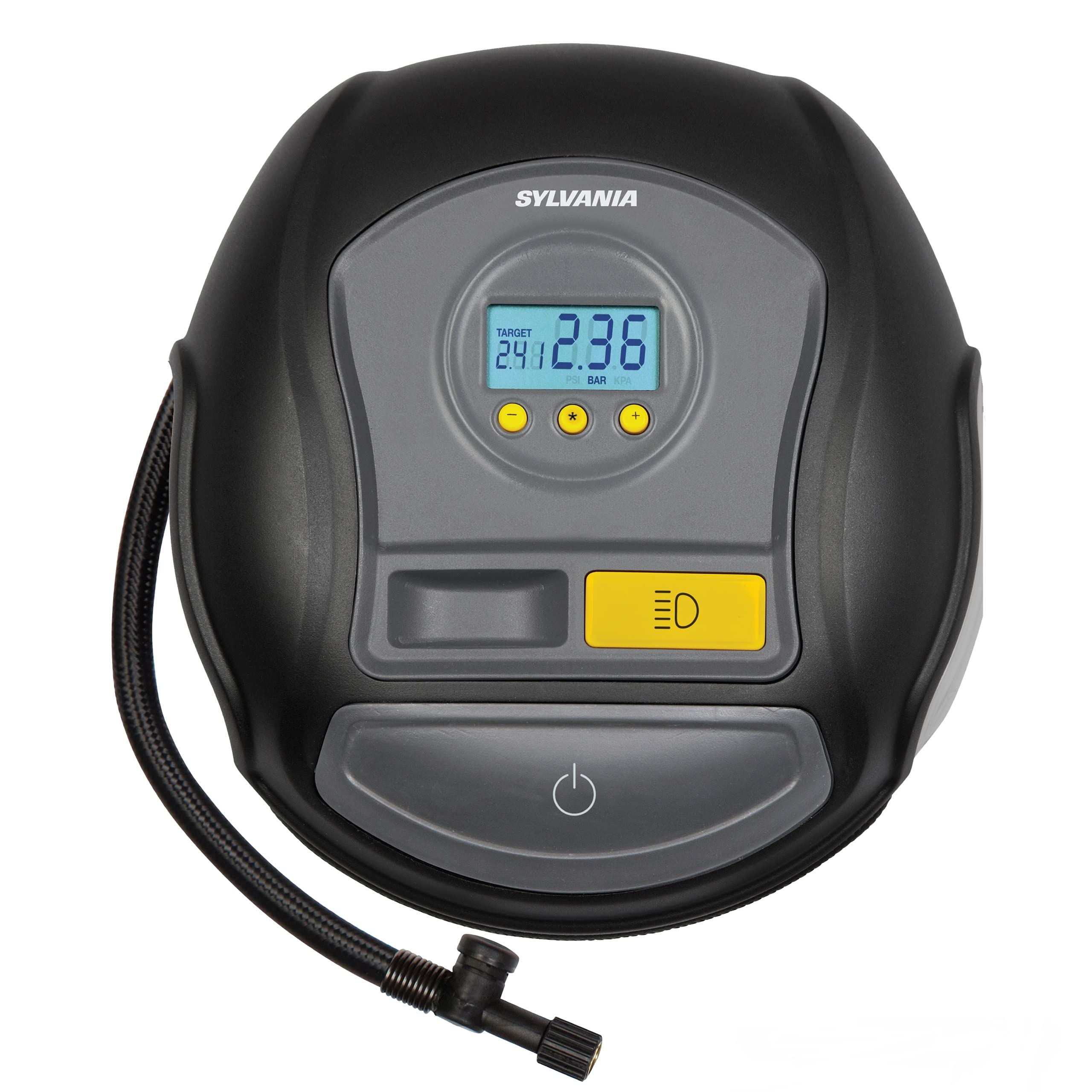 Sylvania Pro Portable Tire Inflator - Functions As A Portable Air Compressor - For Cars Tires, Bikes & More - Digital Dial On Car Tire Inflator - 3 Piece Adapter Set