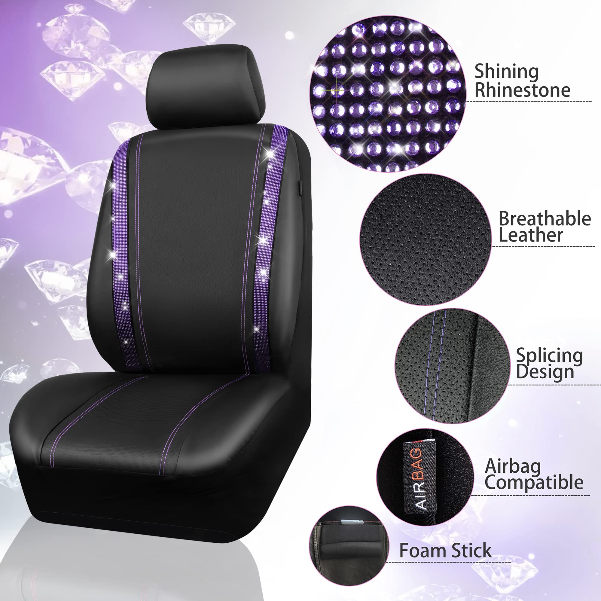 Car Pass Leather Diamond Bling Seat Covers Sets 11 Pcs, Bling Car Accessories Set For Women, Sparkly Rhinestone Steering Wheel C