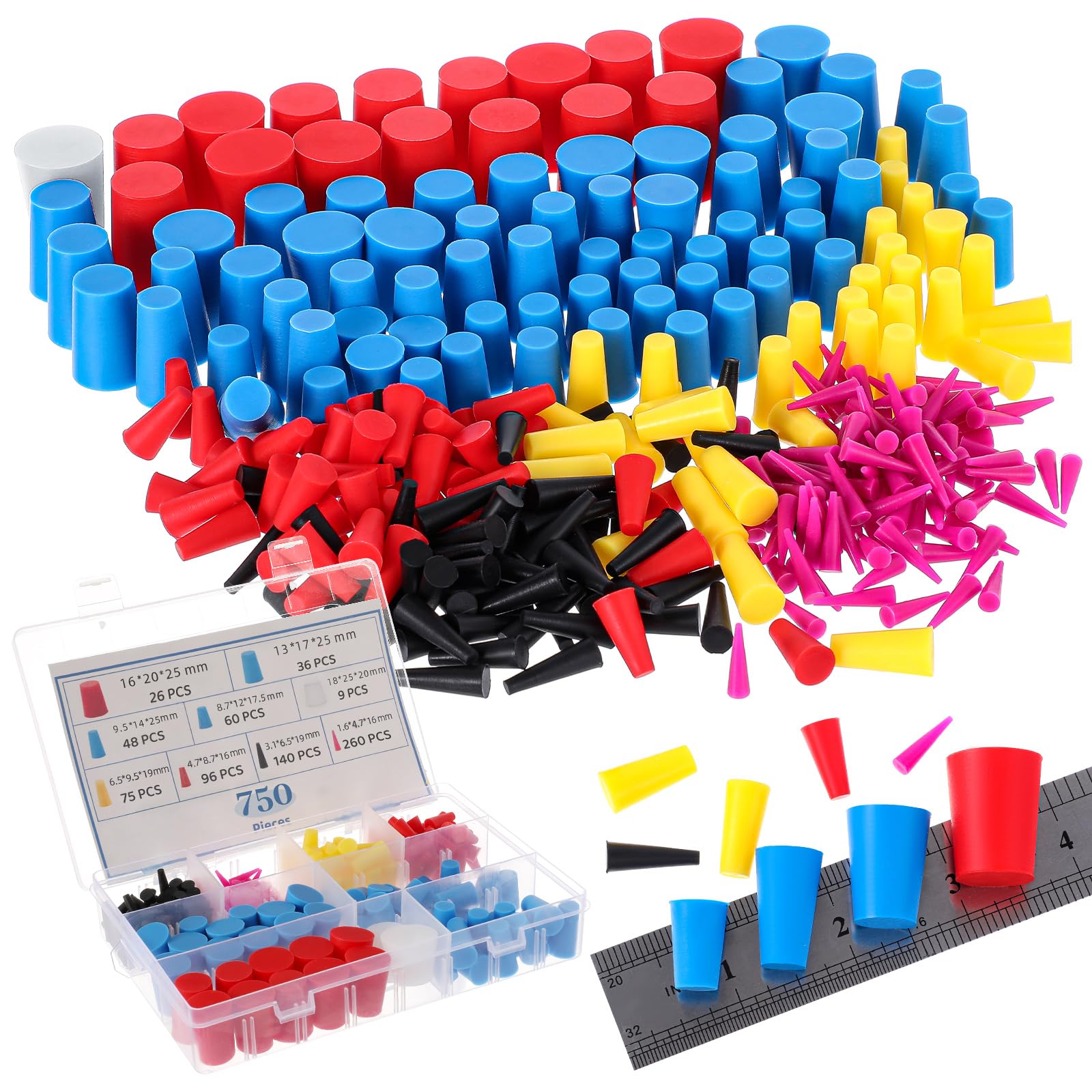 Briwooody 750 Pcs Rubber Plugs 9-Sizes Silicone Tapered Plug Kit 1/15 to 1 Stoppers for Coating, Hole, Painting Protection Silic