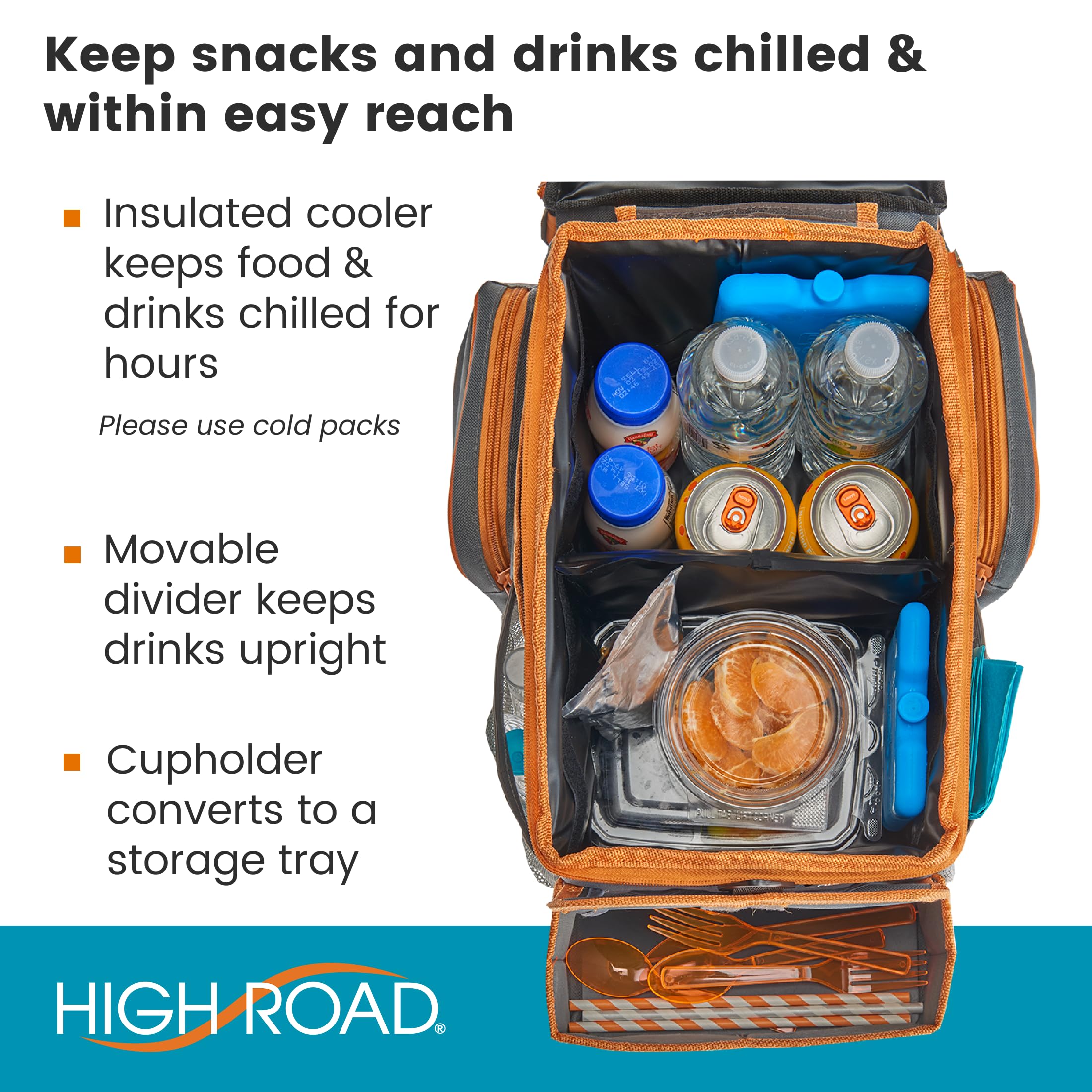 High Road CarHop Car Seat Organizer - Gray, Medium, 600D Oxford Polyester, Cup Holder, Side Pockets, Cooler Compartment, Model HR-6224-GRY