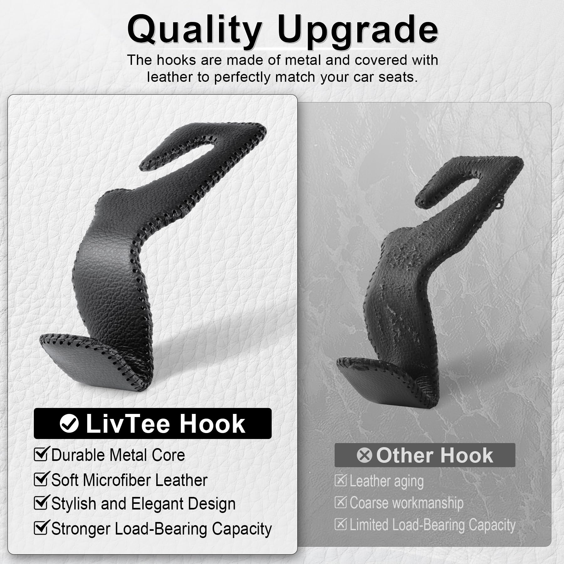 Livtee Headrest Hook For Car, Back Seat Organizer Black Leather Hanger Holder Hook, Interior Car Accessories For Hanging Purses