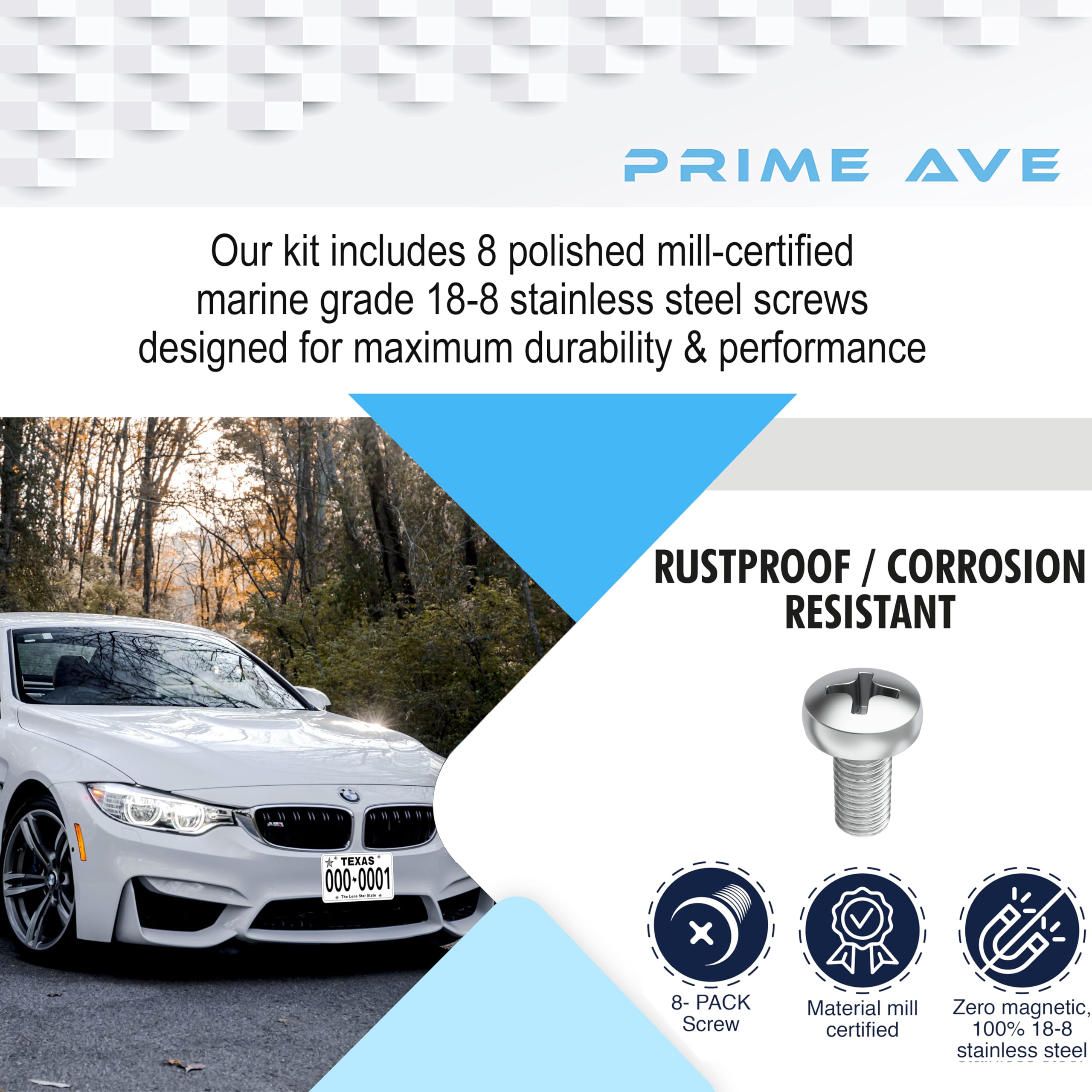 Prime Ave Stainless Steel License Plate Screws - Extended Length, Pack of 8 for All BMW Models