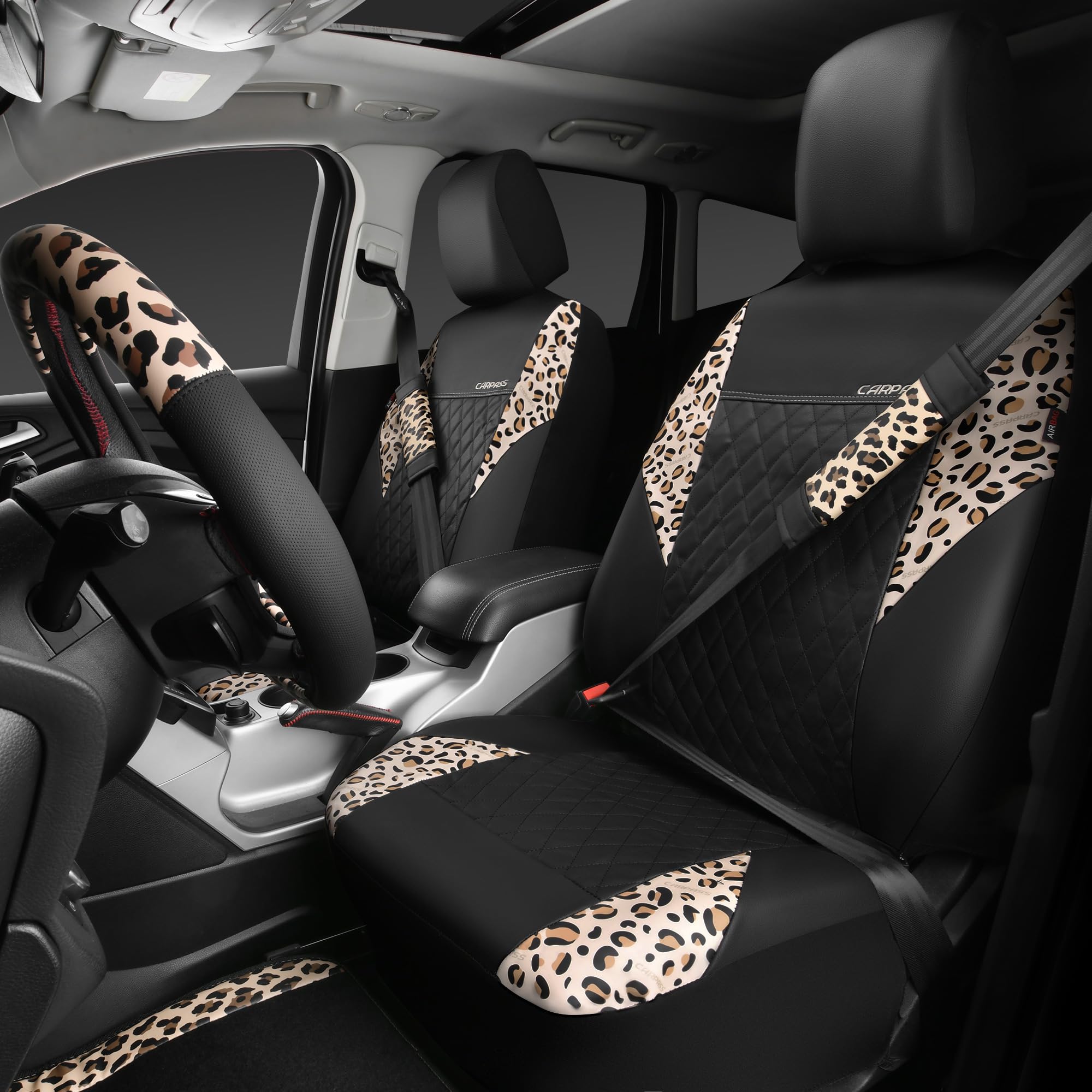CAR PASS Faux Leather Car Seat Covers & Mats Set, Leopard Combo, Universal Fit for SUV, Van, Truck, Includes Steering Wheel Cover & Seat Belt Pad