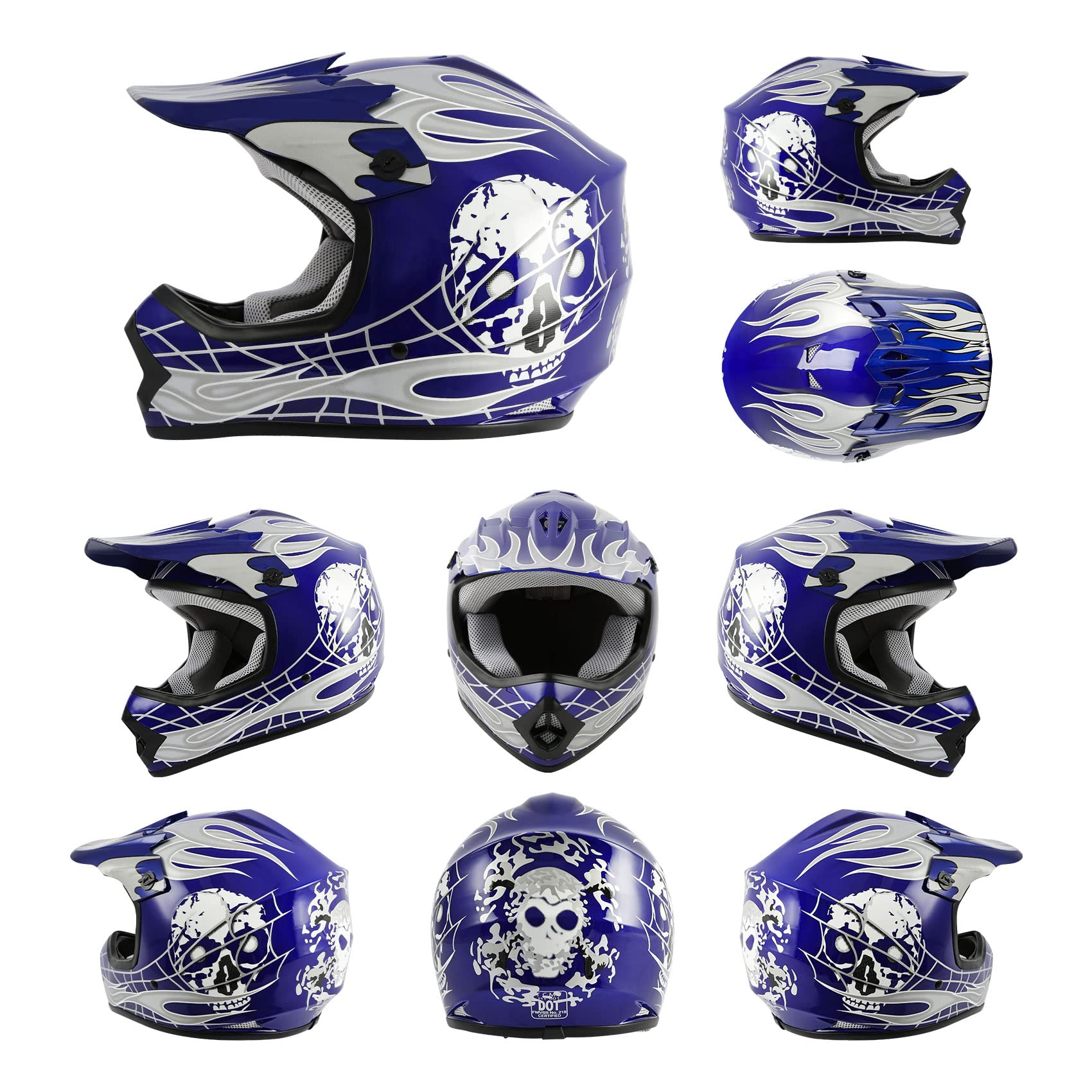 TCMT Youth X-Large Motocross Helmet Set - Blue Skull, Includes Goggles & Gloves, Durable ABS Material