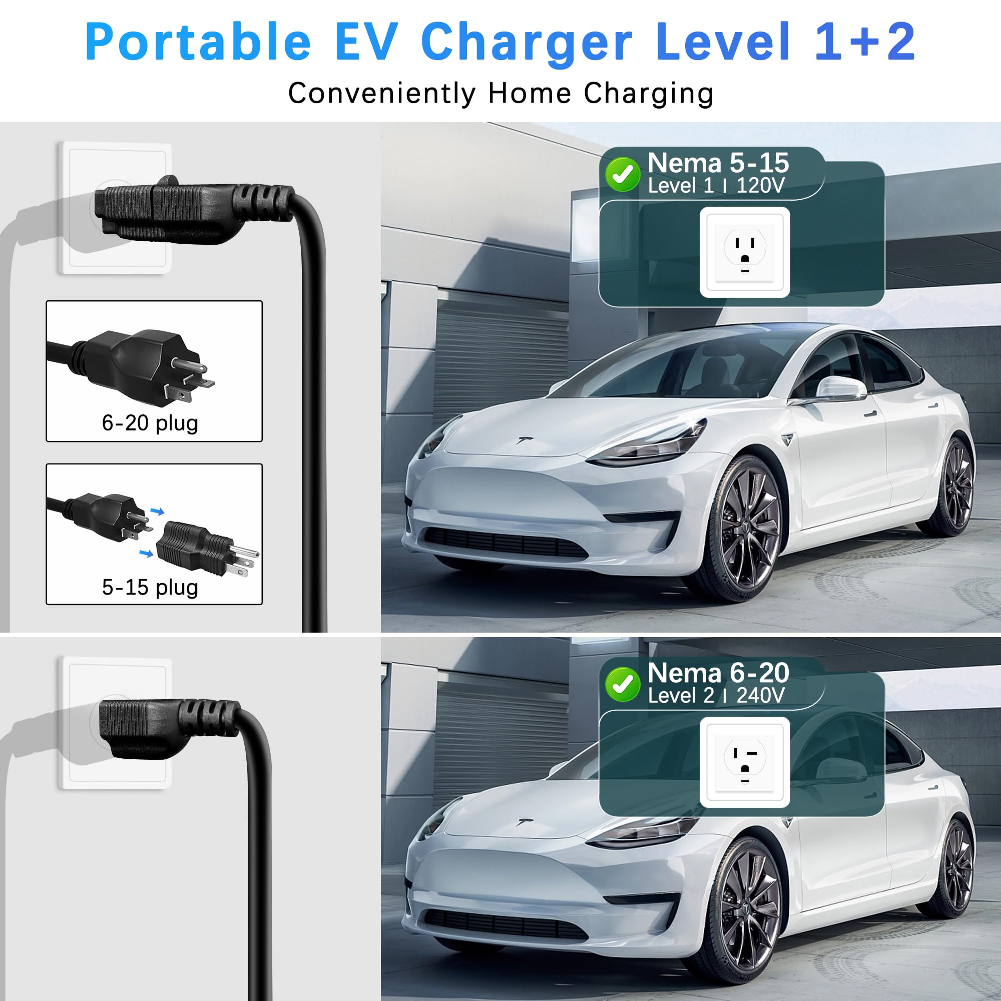 Level 1&2 EV Charger, 16Amp, Portable Charger for Home/Outdoor, 25FT Cable 110V-240V, J1772 Electric Cars, Charging Stations, Cu