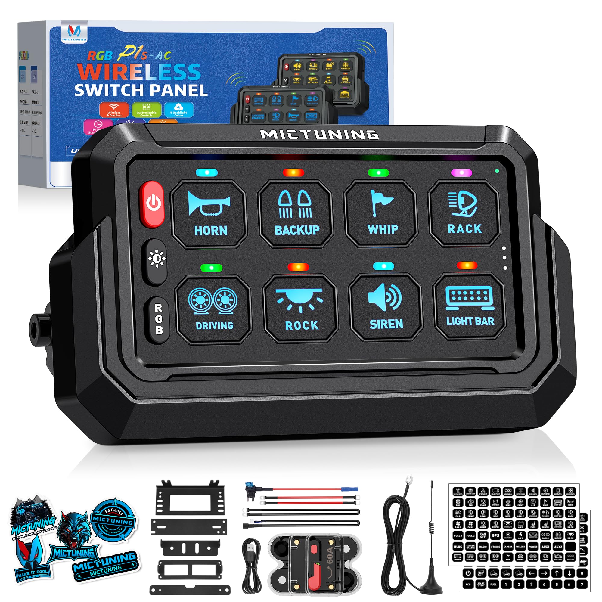 MICTUNING P1s-AC Wireless RGB 8 Gang Switch Panel, Remote Control Range Up to 165FT Plug and Play Multifunction Toggle Momentary