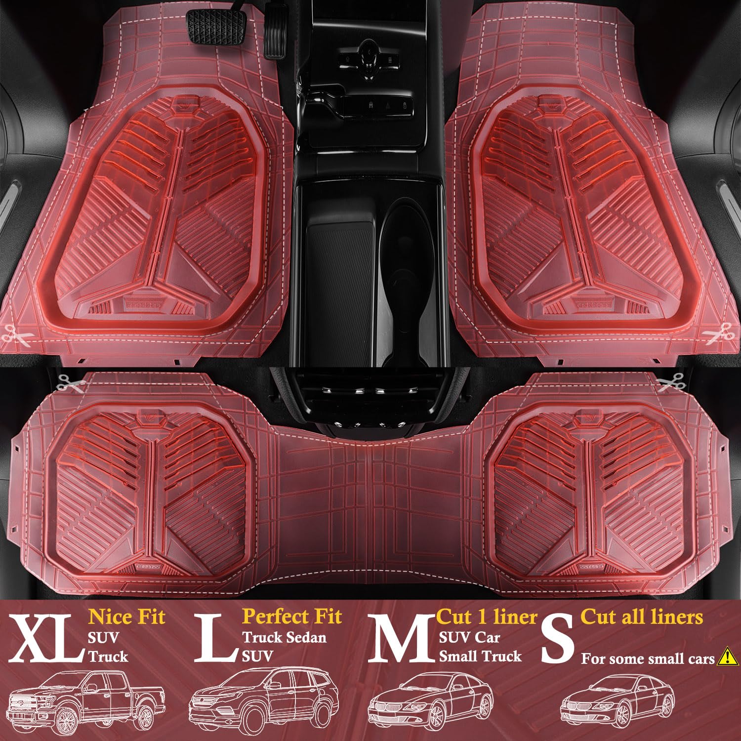 Car Pass Heavy Duty Rubber Car Mats, Deep-Dish All Weather Car Floor Mats Girly For Women, Universal Trim-To-Fit For Suvs Trucks