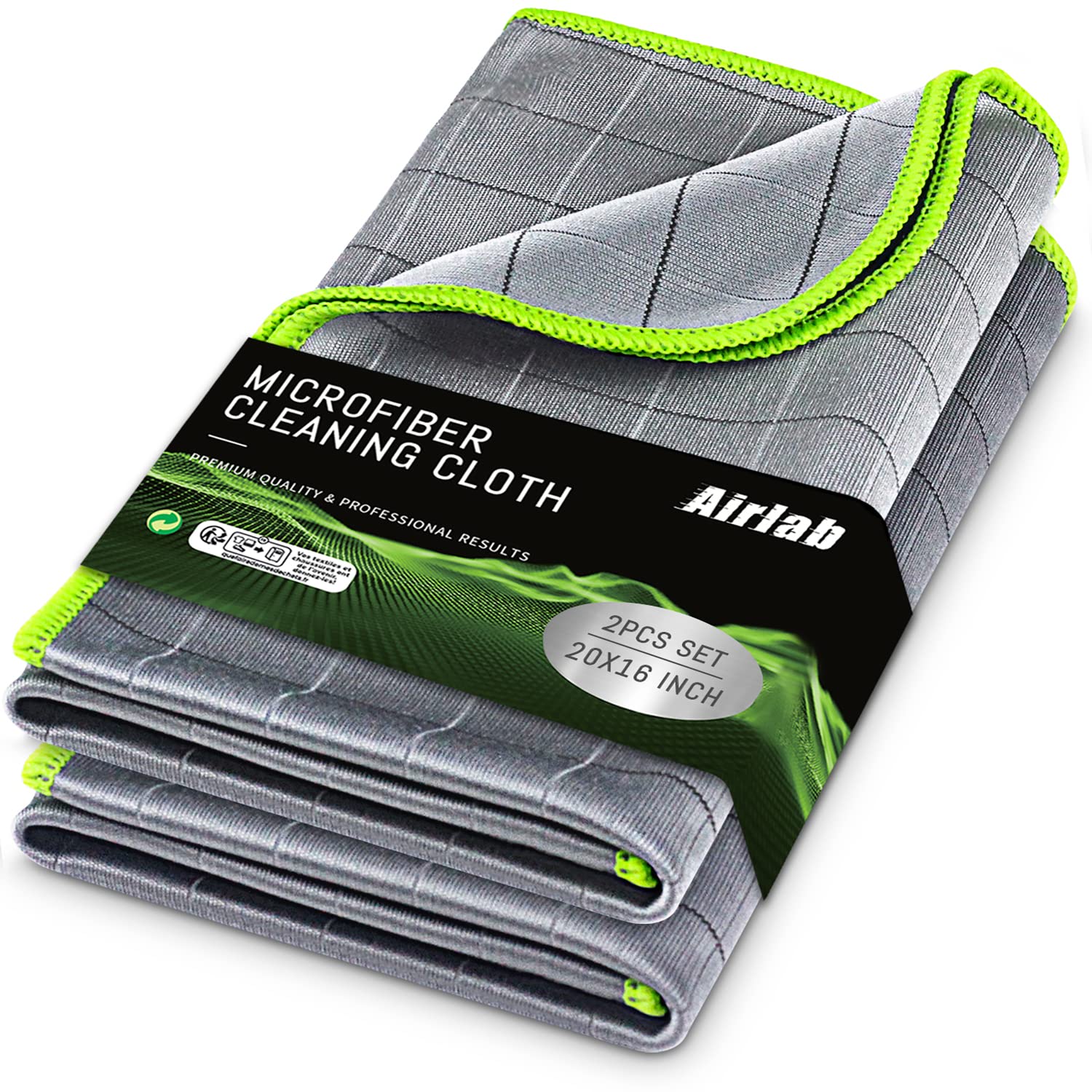 Airlab Carbon Microfiber Towels For Car Glass Window Polishing Cleaning Cloth Auto Detailing Lint Free Streak Free Drying Car Wash Large Towel, Pack Of 2, 20X16, 400Gsm