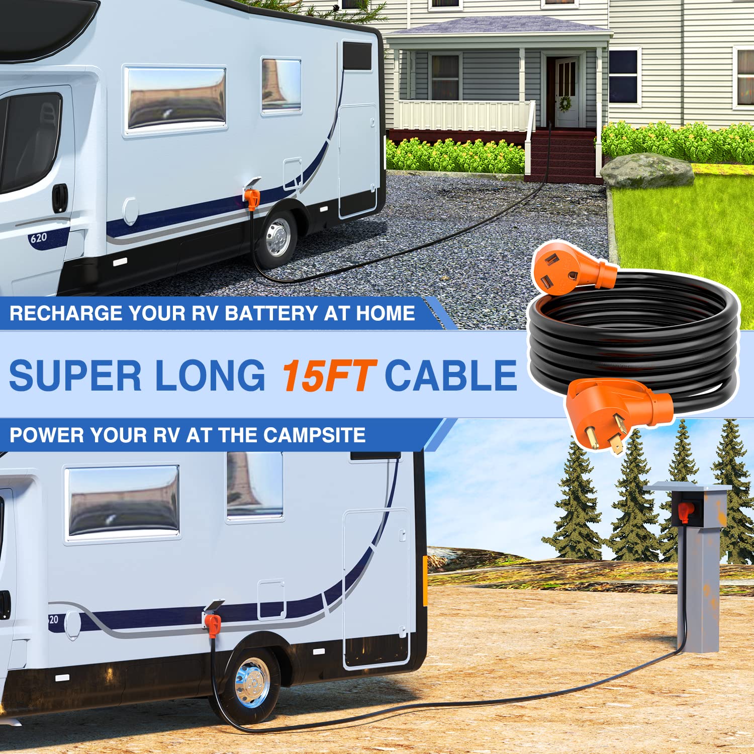 Nilight 30 Amp 15Ft Rv Extension Cord 125V Heavy Duty 10 Gauge Pure Copper Stw Wire Ul Etl Listed 3 Prong Tt-30P Tt-30R 30F/30M