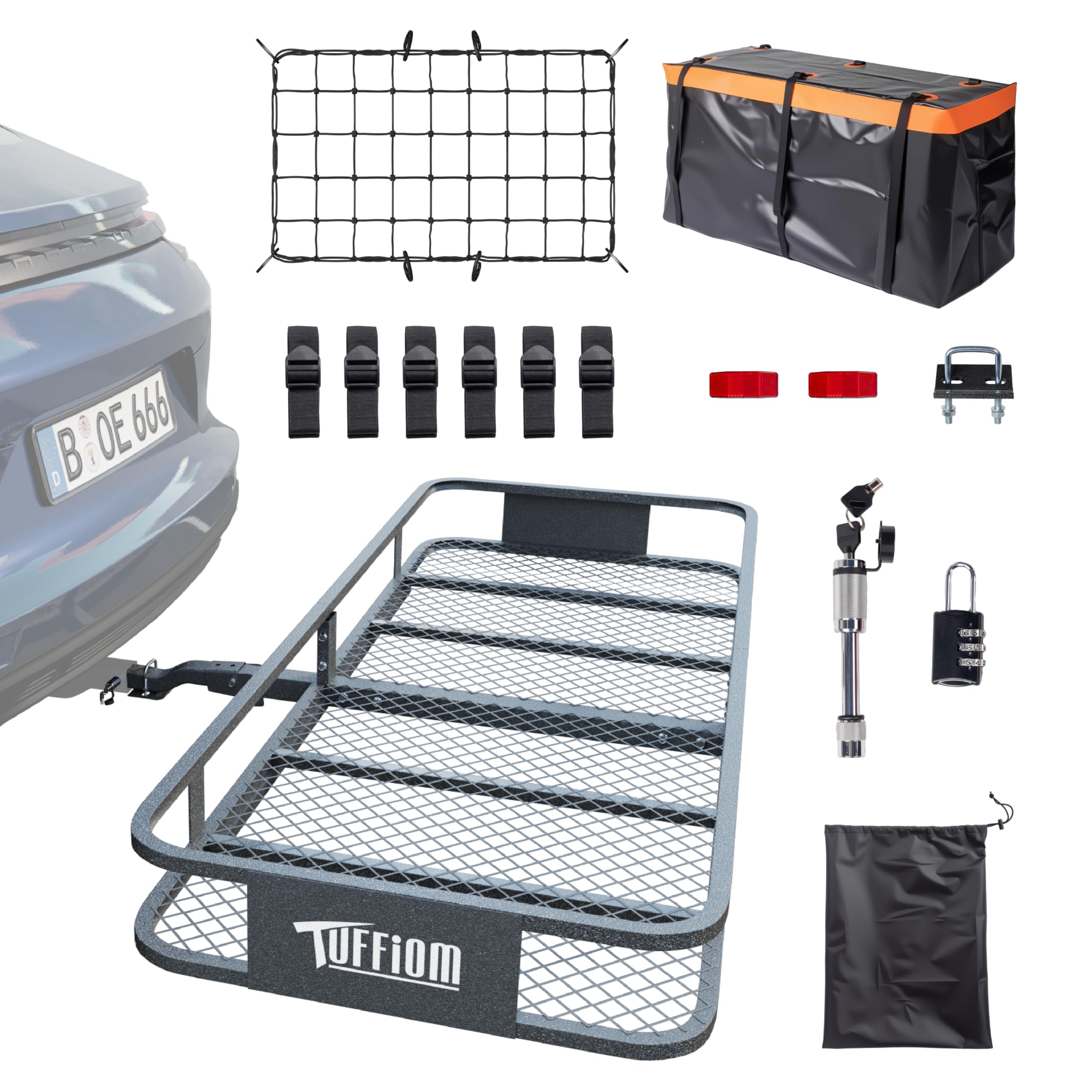 Tuffiom 60''X24''X6'' Folding Hitch Mount Cargo Carrier Basket, 500Lbs Steel Car Cargo Trailer Hitch Luggage Rack, W/Hitch Lock+