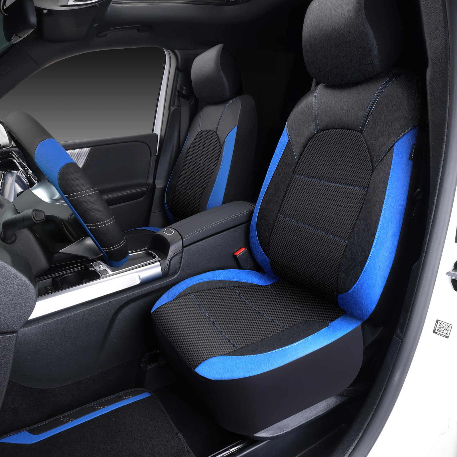 Car Pass Air Mesh Leather Car Seat Covers Full Set,Waterproof Car Floor Mats, Sporty Steering Wheel Cover 14.5-15Inch,Car Interi