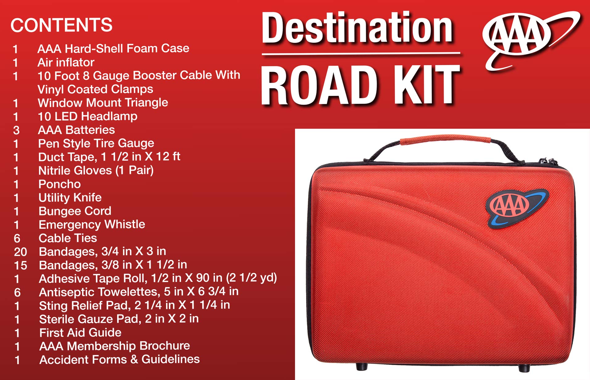 Lifeline AAA 4365AAA Destination Road, 68 Piece Emergency Car Tire Inflator, Jumper Cables, Headlamp, Warning Triangle and First