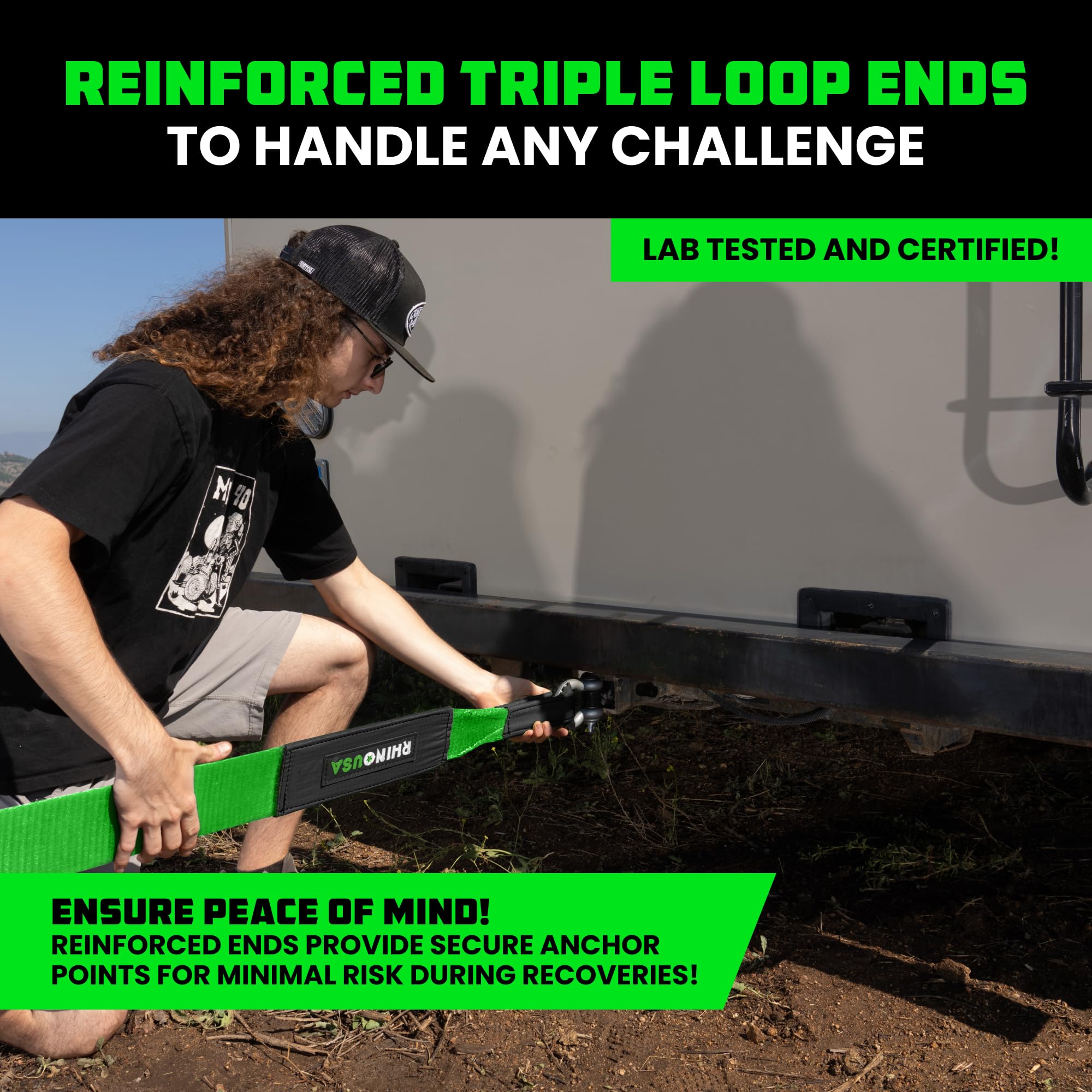 Rhino USA Recovery Tow Strap - 4" x 30', 40,320lb Break Strength, Heavy Duty Polyester Towing Strap for Diesel Trucks & Offroad Use - Green