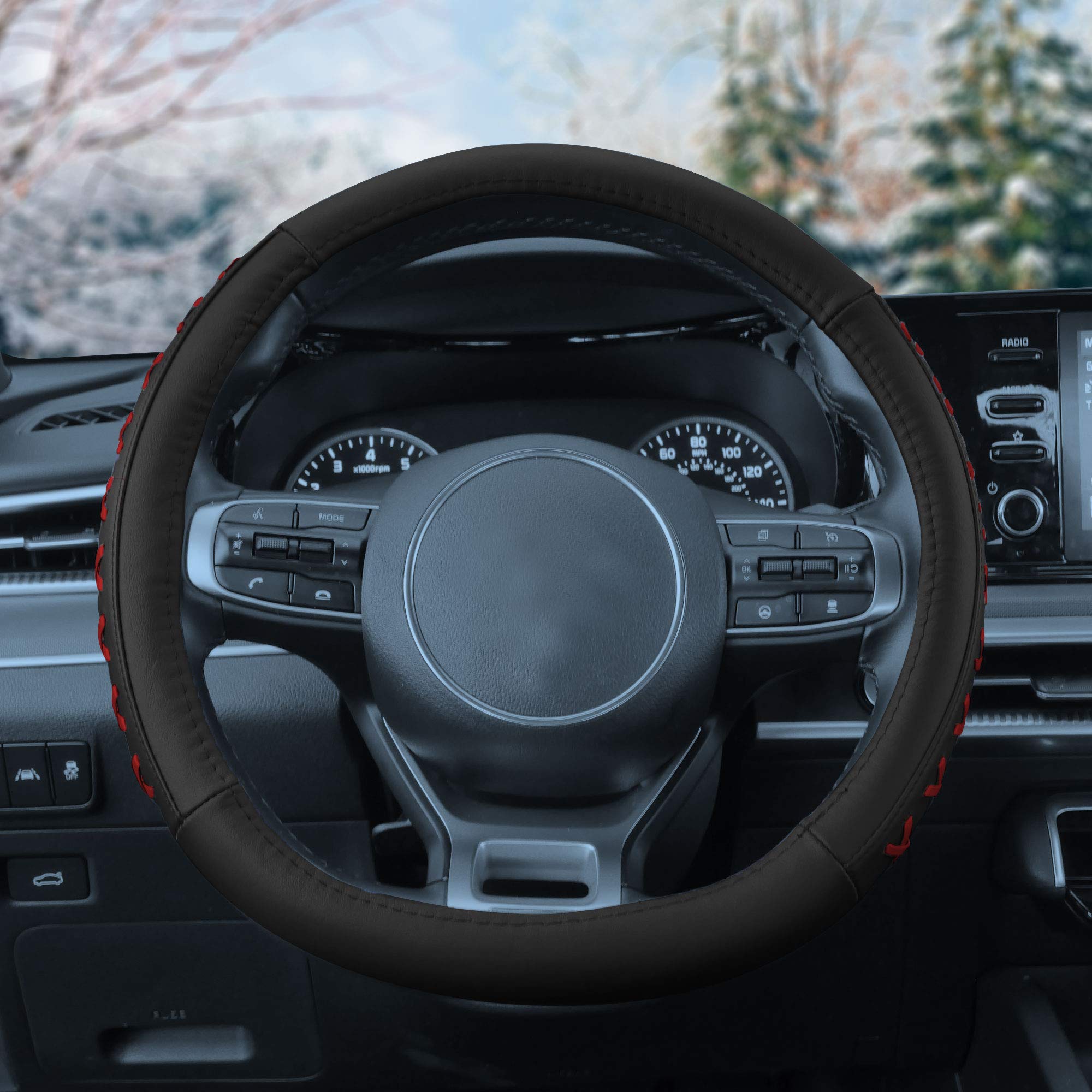 Fh Group Universal Fit 15 Inch Genuine Leather With Lace-Up Detailing Steering Wheel Cover Fits Most Cars, Suvs Red