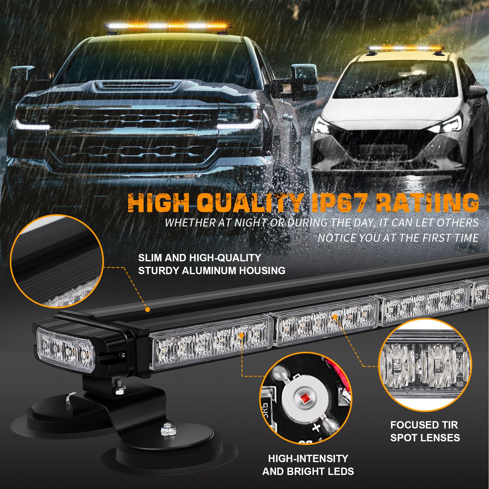 XRIDONSEN 28.4" LED Strobe Light Bar - Amber/White, Dual Side Traffic Advisor, Magnetic Base for Trucks & Construction Vehicles, Model XR-826