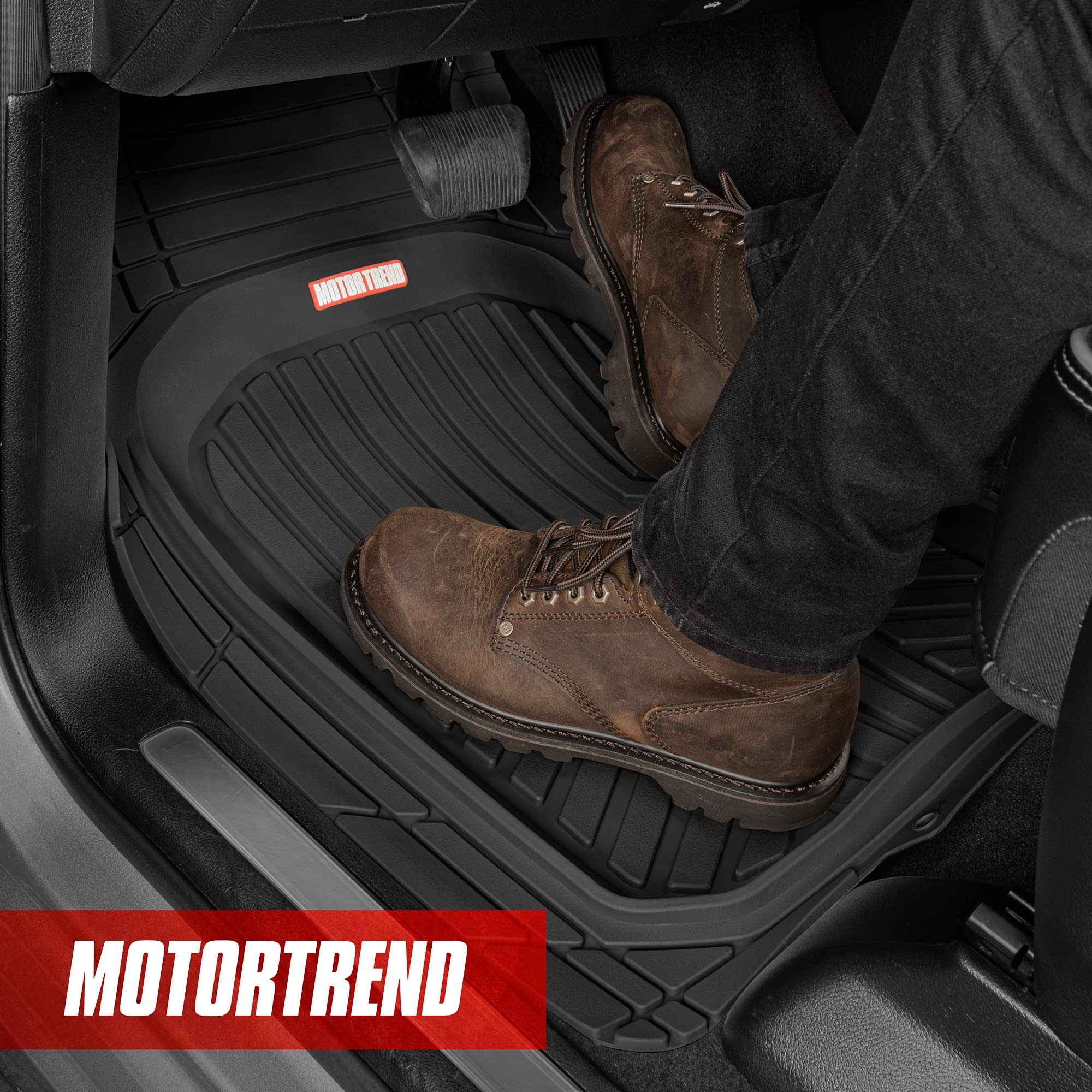 Motor Trend FlexTough Black Floor Mats for Cars & Cargo Mat Full Set - All Weather Front & Rear Rubber Automotive Floor Mats & C