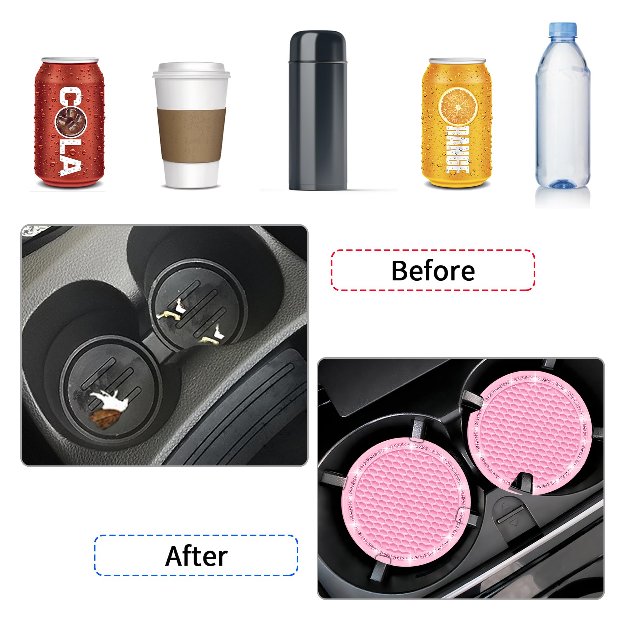 Car Coasters, 4 Pack Car Cup Holder Coaster, COCASES Crystal Rhinestone Pink Car Interior Accessories, 2.75'' Silicone Bling Dec