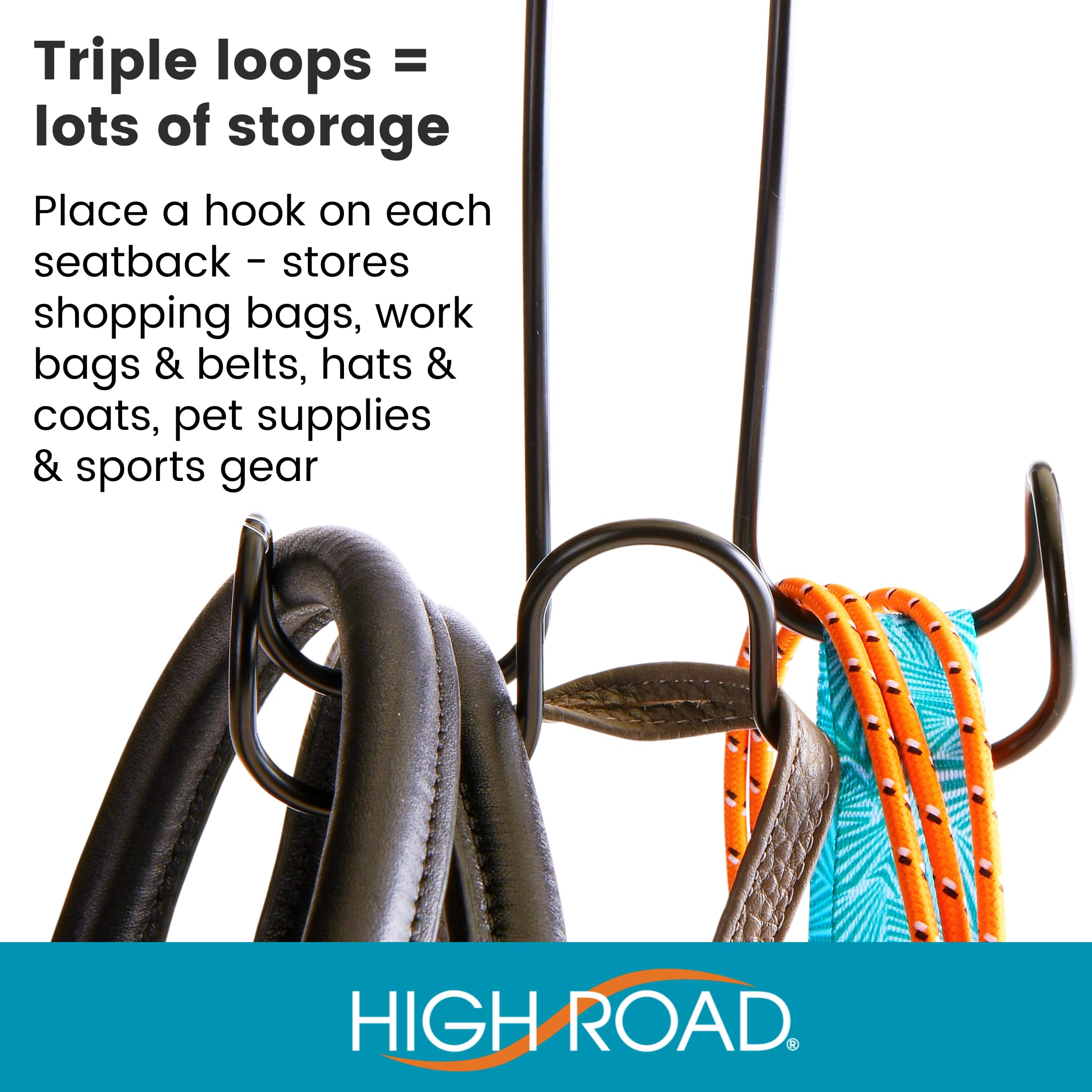 High Road Metal Car Hooks For Purses And Bags - Unbreakable Headrest Car Hooks For Large Purse Straps And Heavy Bags Up To 40 Lb