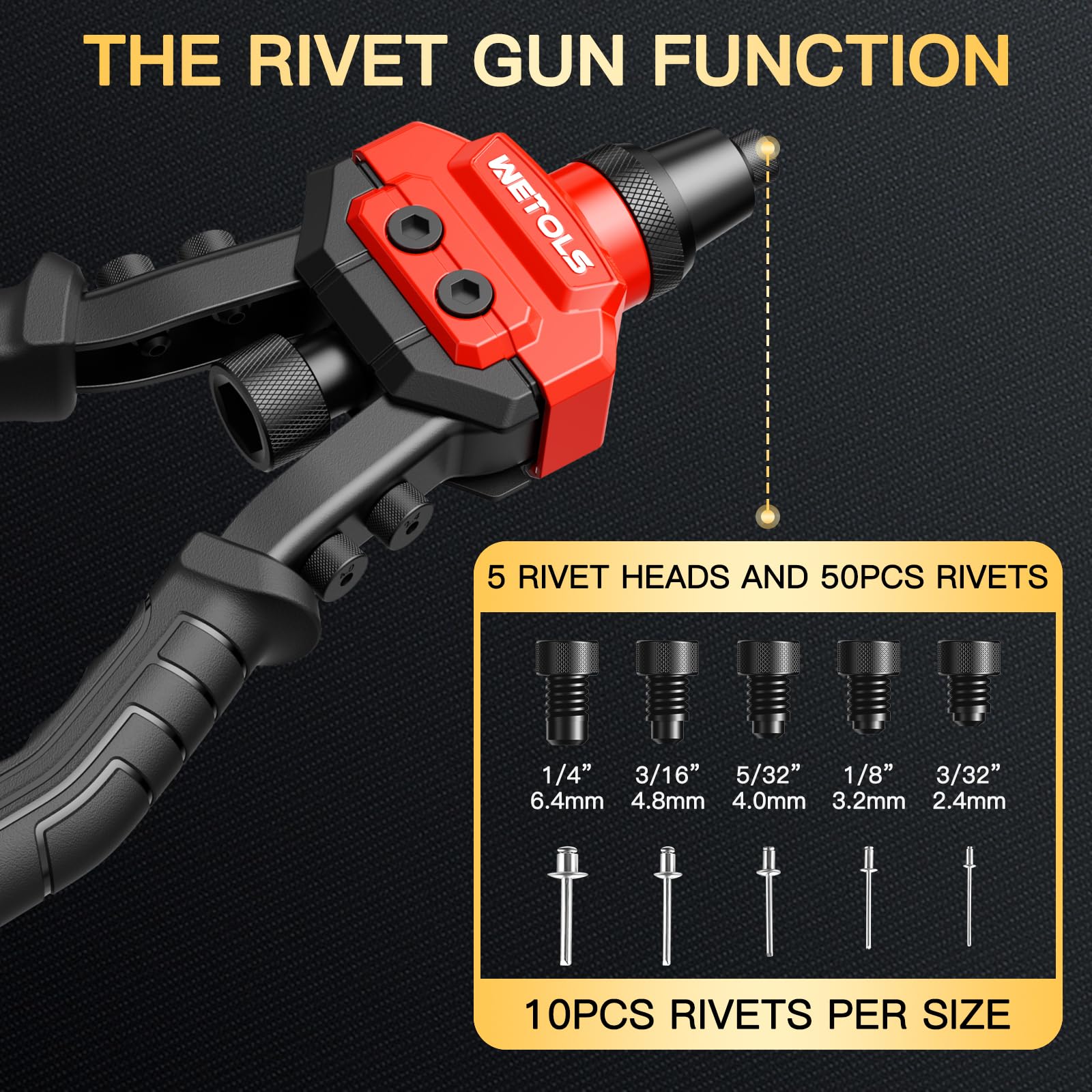 WETOLS 3 in 1 Rivet Nut Tool Kit, WE-890, Includes Rivet Gun, 5 Heads, 6 Mandrels, 50 Rivets, 60 Nuts,