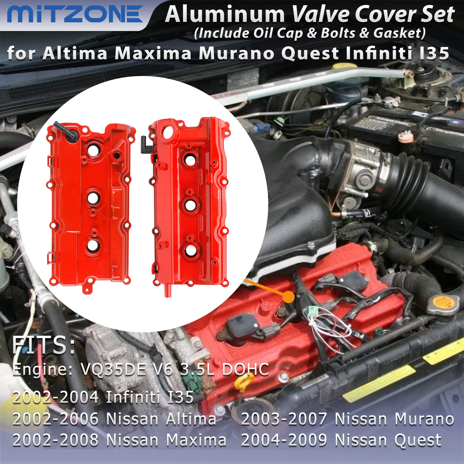 MITZONE Aluminum Valve Covers for 2002-2009 Nissan Altima/Maxima/Murano/Quest, VQ35DE 3.5L, Red, Model 004-002