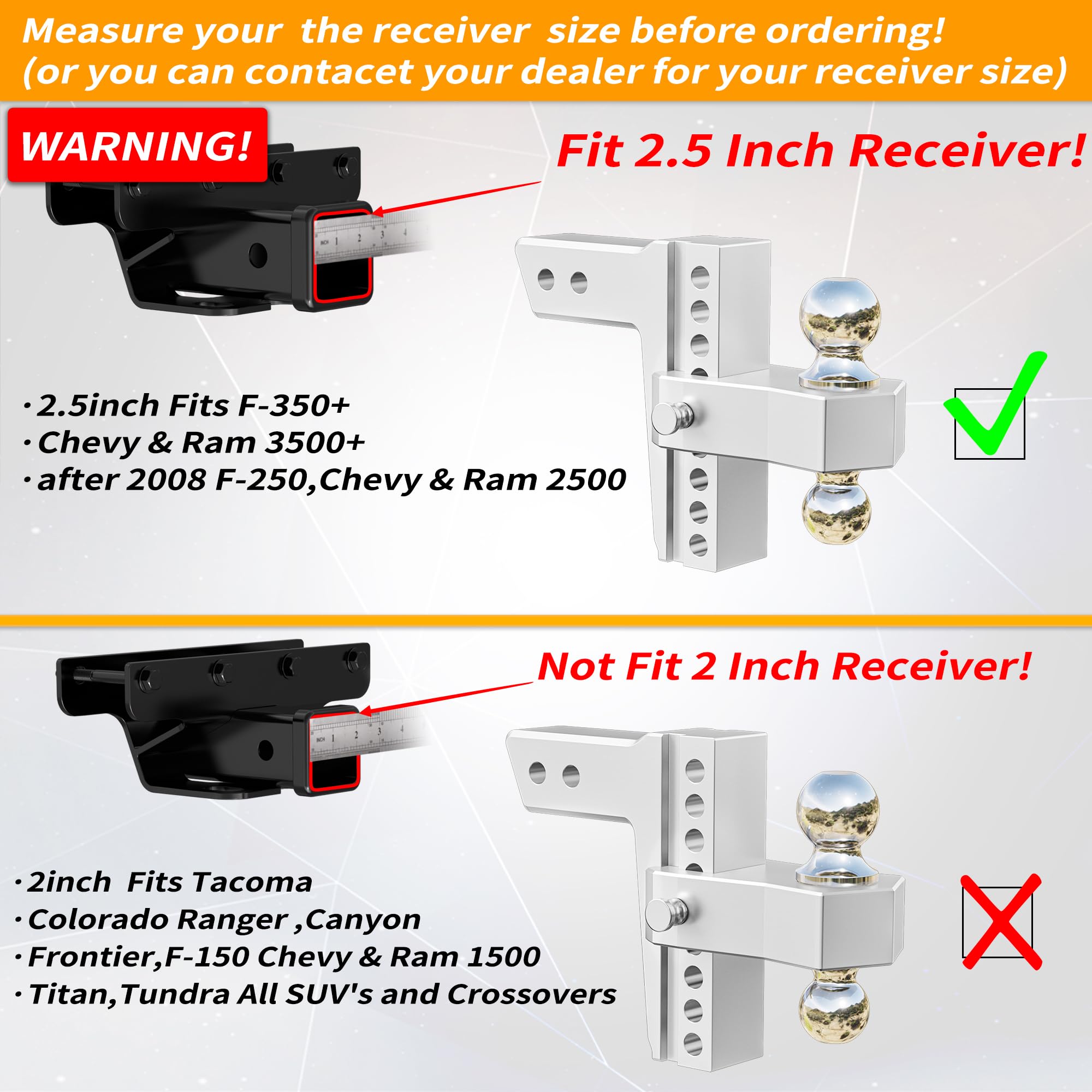Locame Adjustable Trailer Hitch, Fits 2.5-Inch Receiver Only, 8-Inch Drop/Rise Aluminum Drop Hitch, 18,500 Lbs Gtw-Tow Hitch For