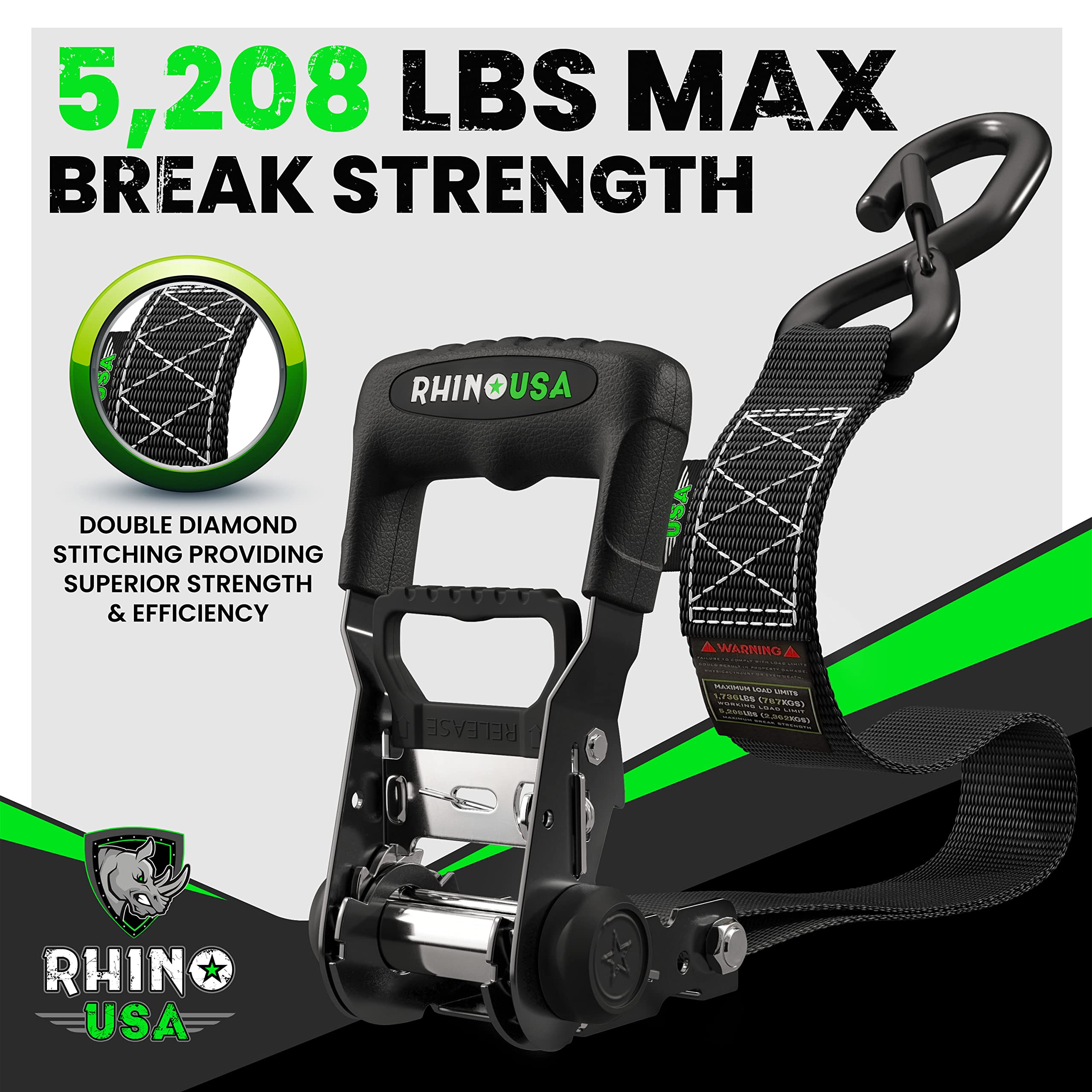 RHINO USA Ratchet Straps Tie Down Kit - 4 Heavy Duty 1.6 x 8' Black Rachet Tiedowns with Padded Handles & Coated S Hooks