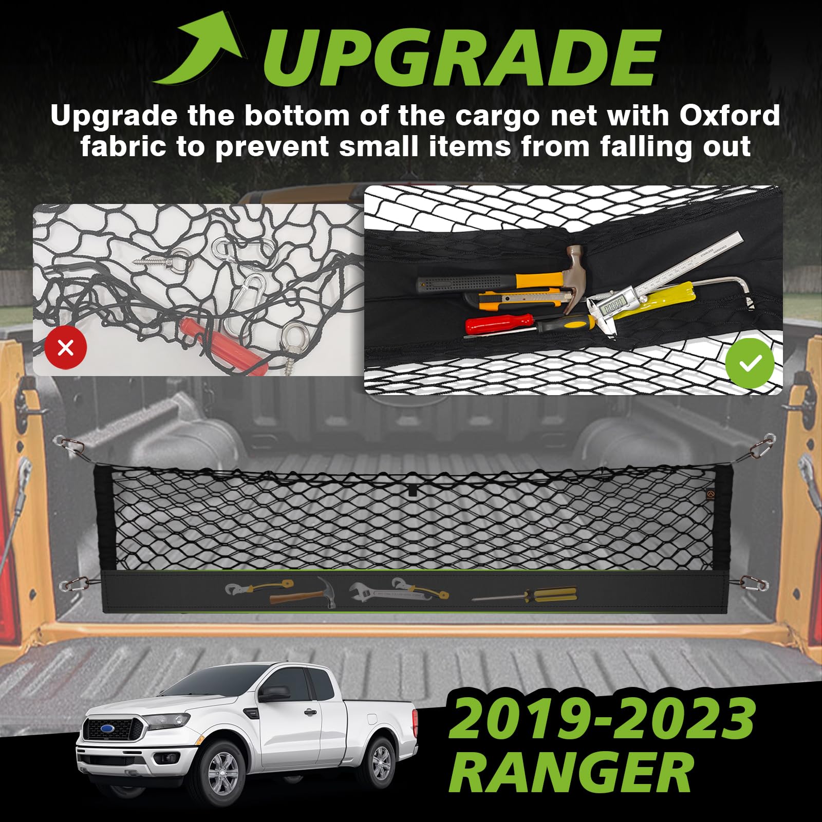 Muslogy Truck Bed Cargo Net - Heavy Duty Polyester Organizer for 2019-2023 Ford Ranger - Includes Carabiners