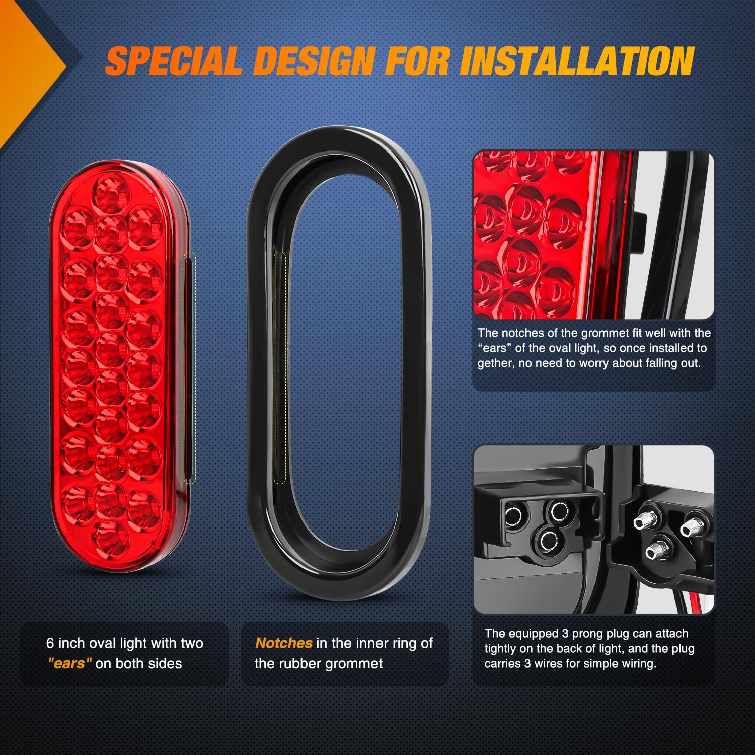 Nilight 6Inch Oval Trailer Tail Light 2Pcs Red 24Led Stop Brake Turn Marker Lights W/Flush Mount Grommets Plugs Ip67 Waterproof