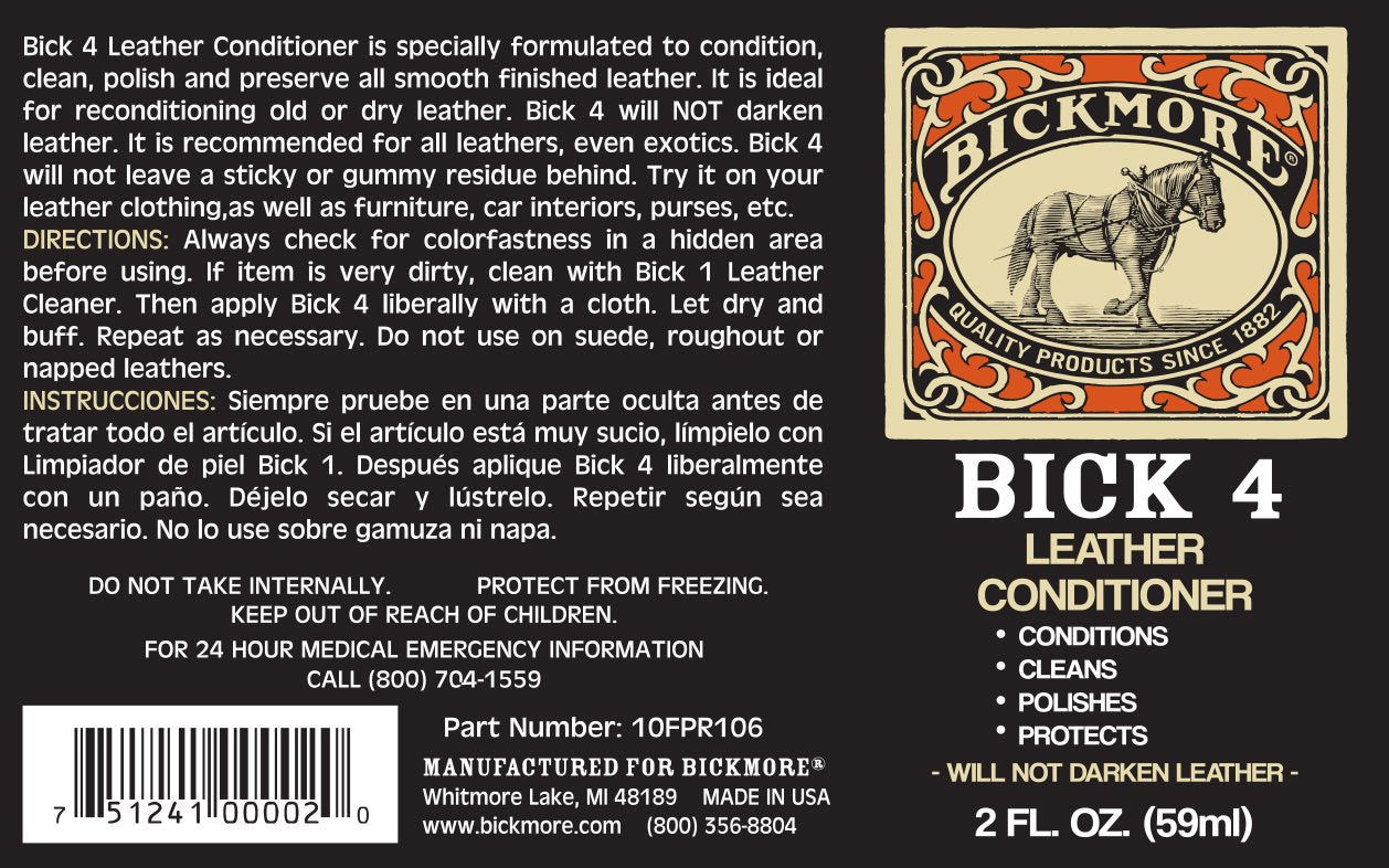 Bickmore Bick 4 Leather Conditioner & Cleaner - 2 oz, Safe for All Colors, Non-Darkening, Ideal for Leather Apparel, Shoes, Bags & More