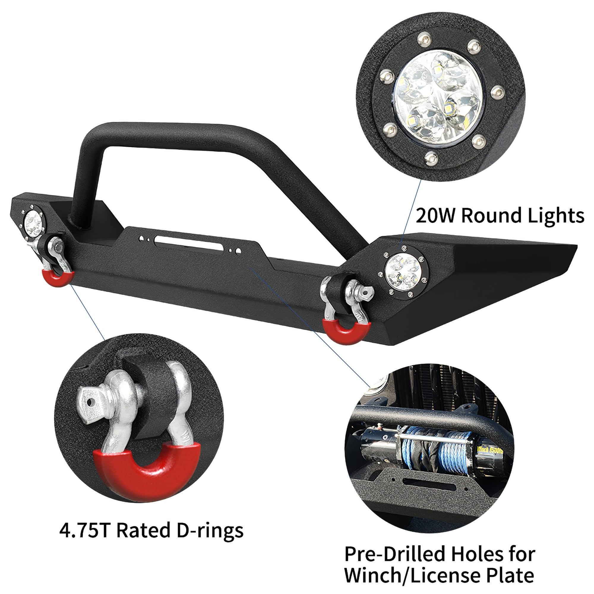 LEDKINGDOMUS Rock Crawler Front Bumper for 87-06 Jeep Wrangler YJ/TJ, Heavy Duty with Winch Plate & LED Lights, Textured Black, 56.3"
