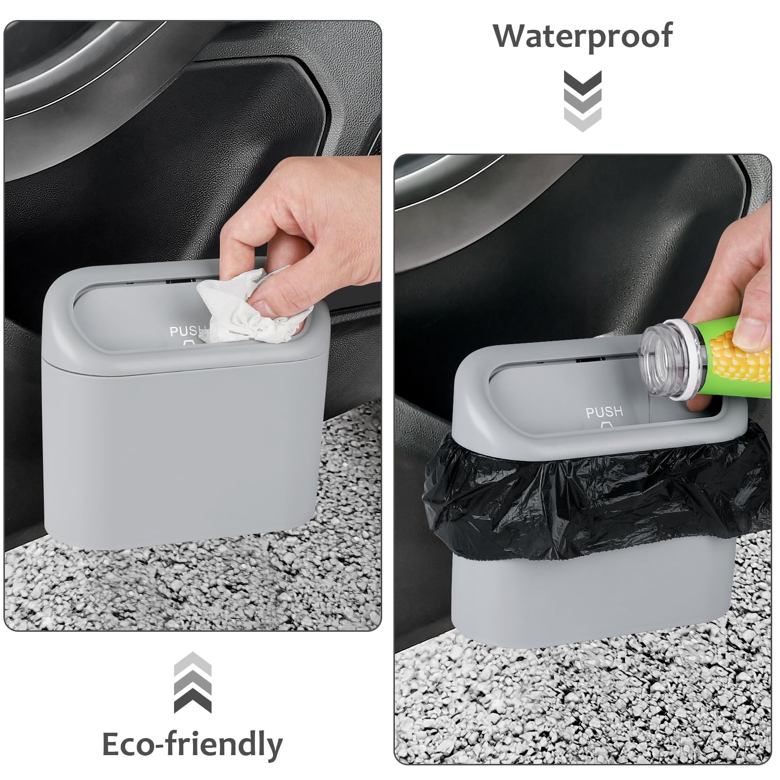 Accmor Portable Car Trash Can - Mini Grey Plastic Bin with Lid, Leakproof Design, Includes Trash Bag, Model AC4450-Grey