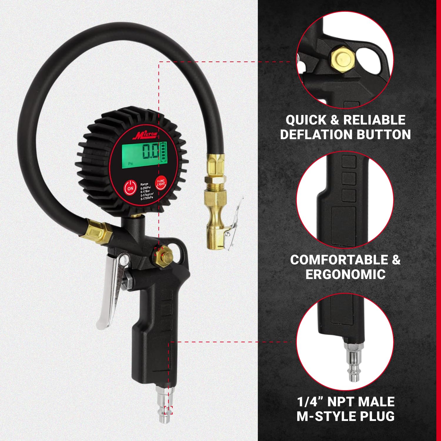 Milton 507Kit Digital Tire Inflator Car Accessories W/Accurate Air Tire Pressure Gauge, 14    Rubber Air Hose - 250 Psi, Brass L