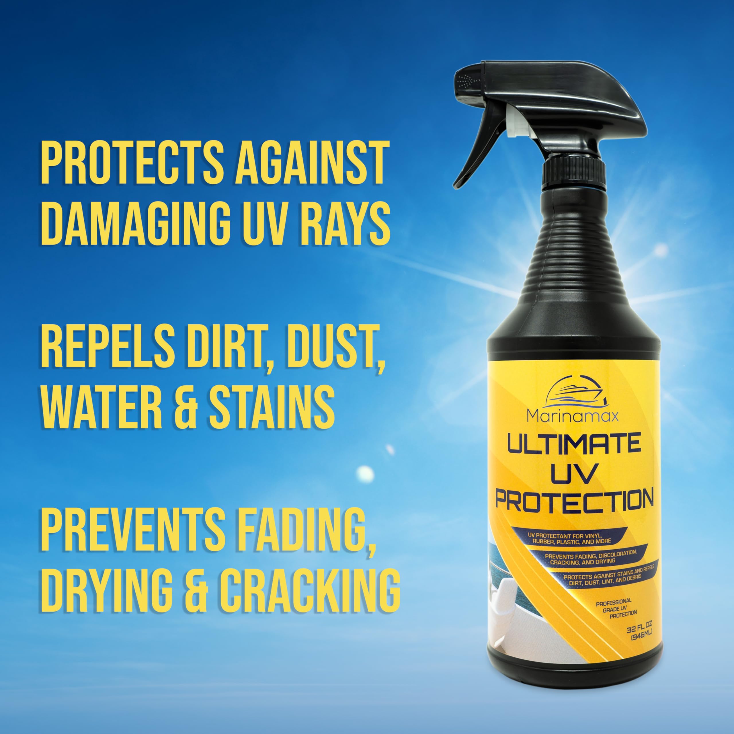 Marinamax Ultimate UV Protection Spray | 32 Oz Clear UV Protectant for Vinyl, Rubber, Plastic - Prevents Fading & Discoloration