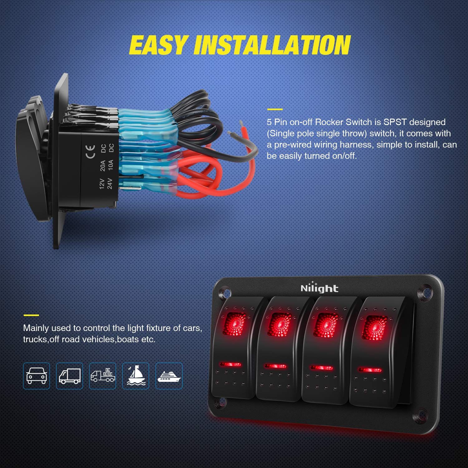 Nilight 4 Gang Rocker Switch Panel 5Pin On Off Toggle Switch Aluminum Holder 12V 24V Dash Pre-Wired Red Backlit Switches For Aut