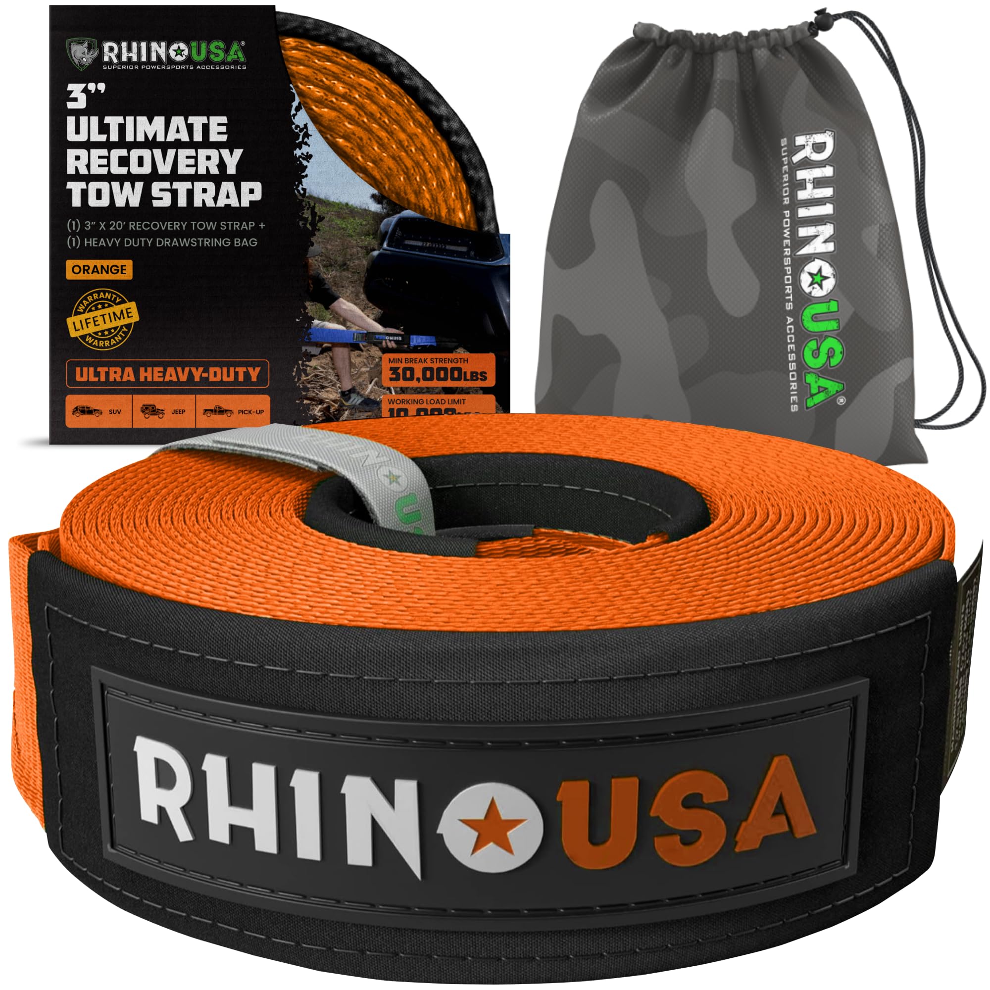 Rhino Usa Recovery Tow Strap (3''X20')- 31,518Lb Break Strength- Emergency Recovery Strap Tow Rope For Truck, Utv, Atv & More- H