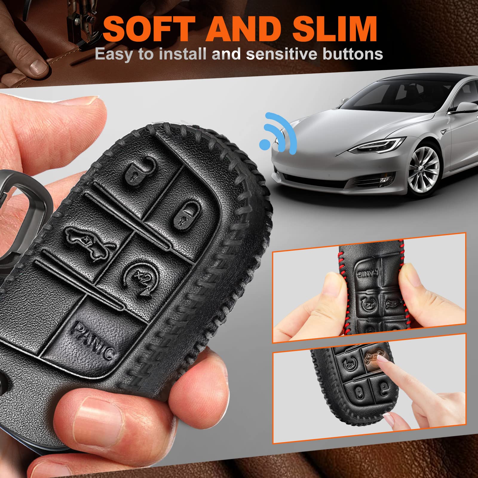 Slohif For Jeep Leather Key Fob Cover Accessories For Grand Cherokee Renegade Chrysler 200 300 Dodge Ram Durango Challenger Journey Dart Fiat 5 Buttons, Leather Case+D-Ring+Hook(Black)