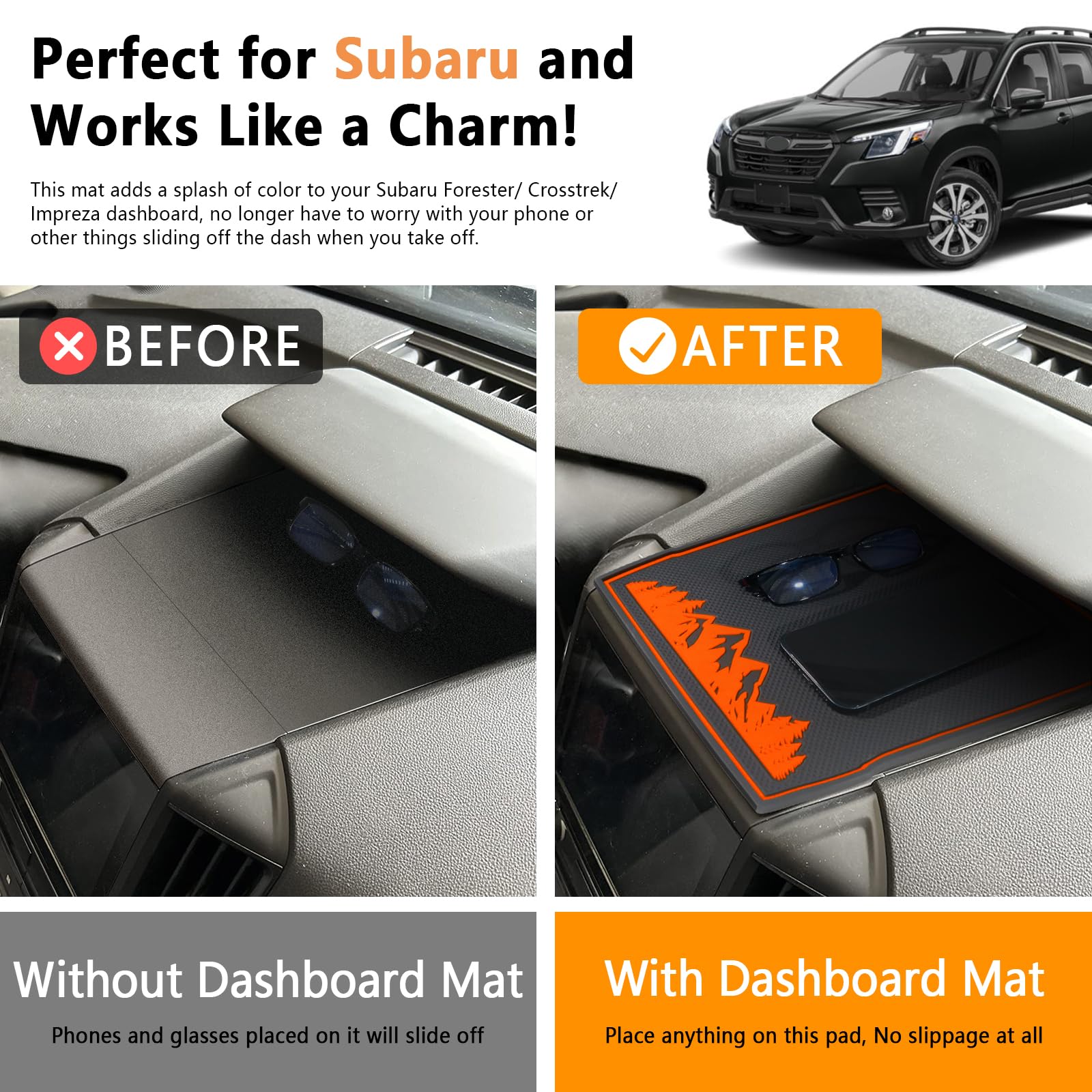 MOCHENT Dashboard Mats for Subaru Crosstrek, Forester, Impreza - Non-Slip Rubber Pad, Orange, Model H301, Fits 2018-2023