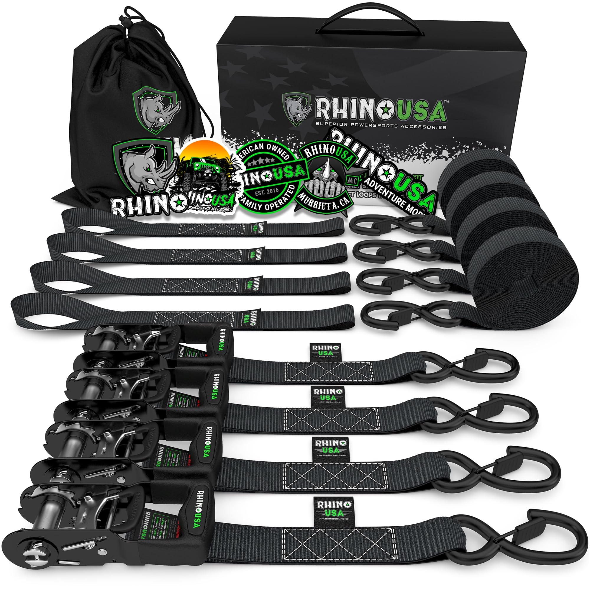 RHINO USA Ratchet Straps Tie Down Kit for ATV, 5,208 Break Strength - includes (4) Heavy Duty Rachet Tiedowns with Padded Handle