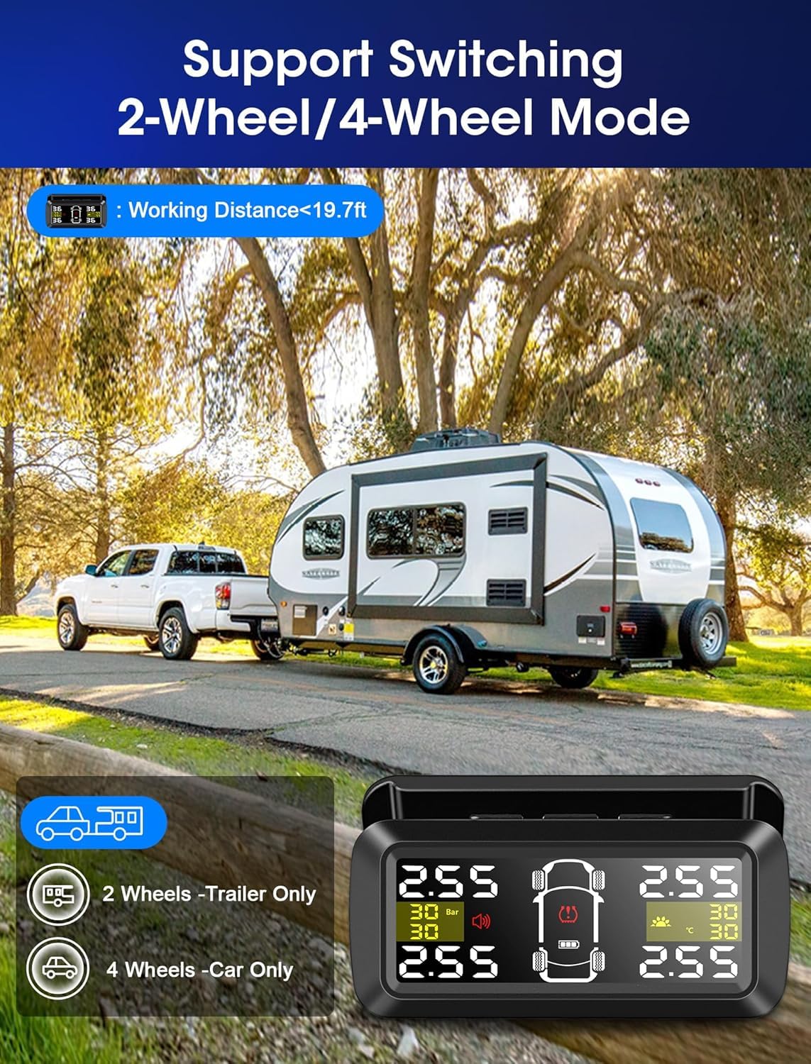 Tire Pressure Monitoring System ?2/4 Wheel Switch? Tpms Sensors Set of 4 w Detached Bracket 3.5 Large Wireless Solar Tire Pres